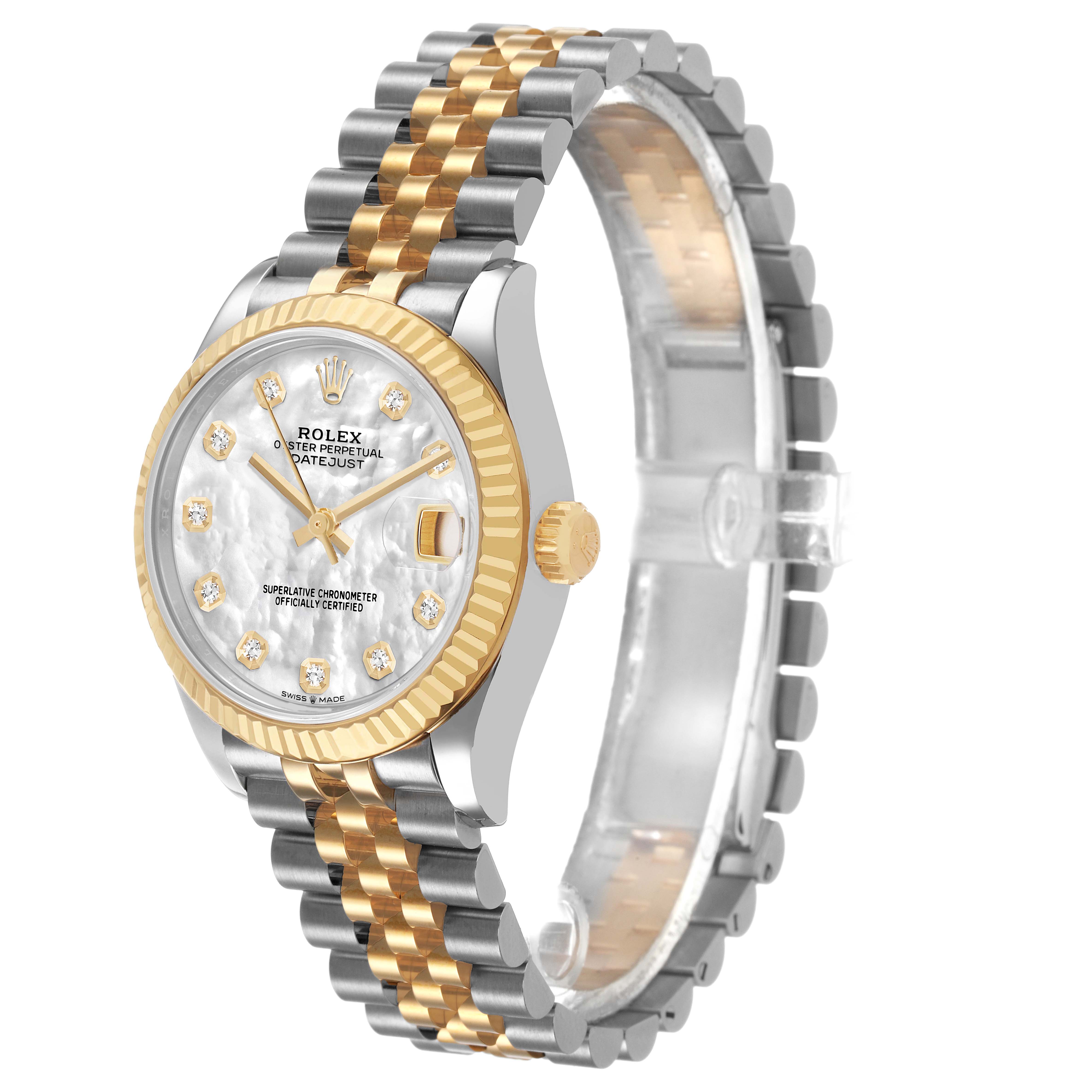 The Rolex Mid-Size 82598 Women's Steel and Gold (two tone) Mother of Pearl Dial watch is shown at a slight angle, highlighting its gold and silver bracelet, diamond markers, and fluted bezel.