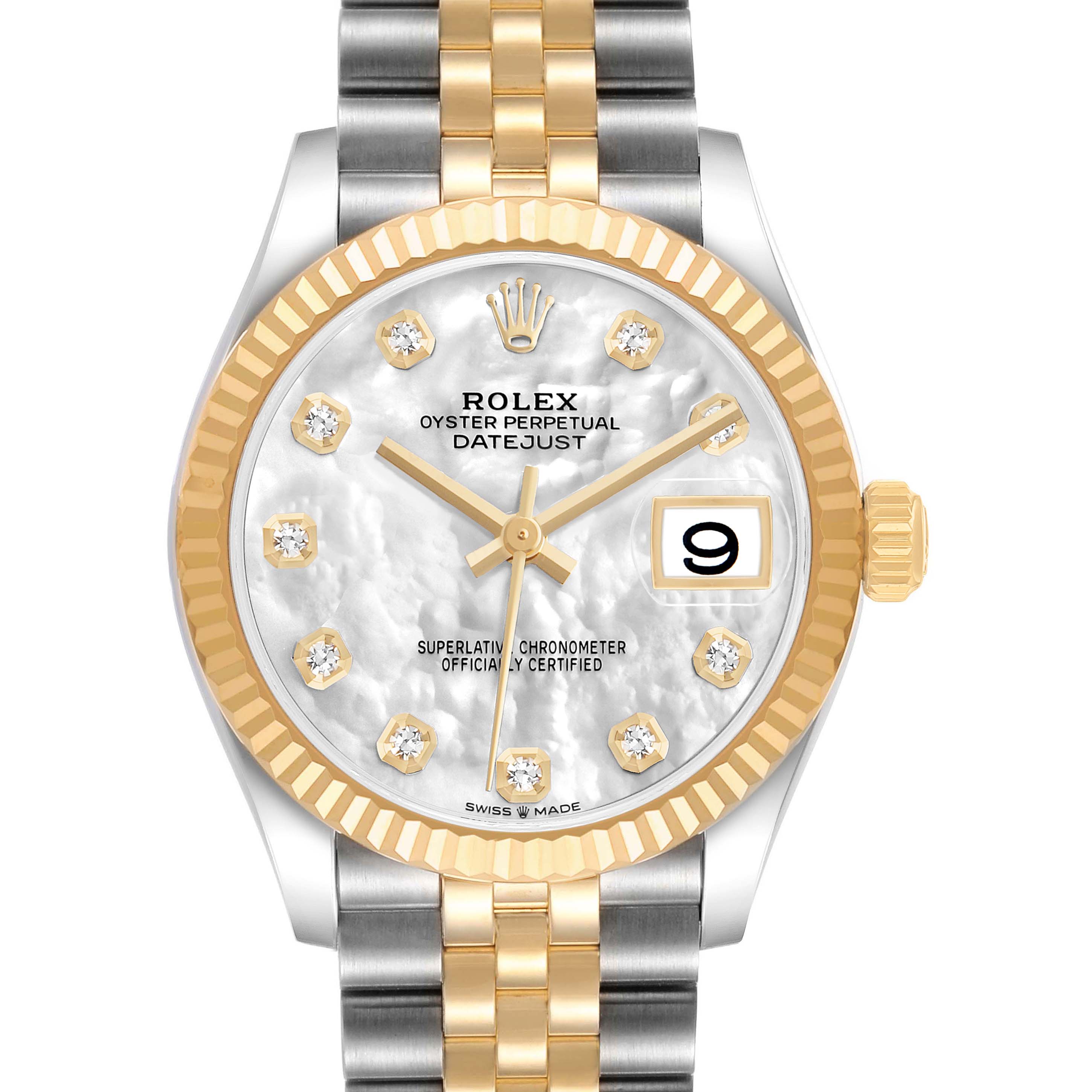 The Rolex Mid-Size 82598 Women's Steel and Gold (two tone) Mother of Pearl Dial Datejust is shown from the front, displaying the bracelet, dial, bezel, and crown.