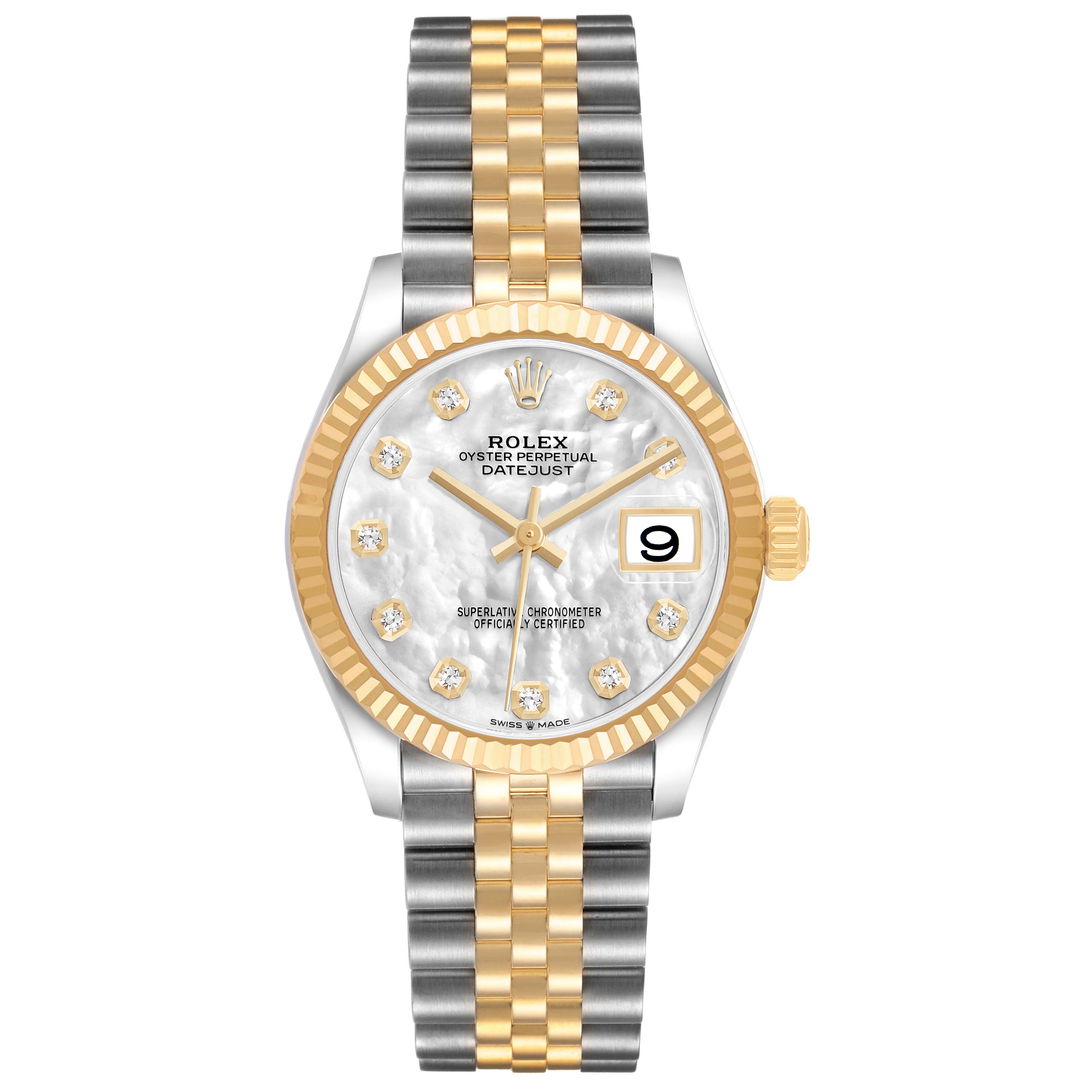 The Rolex Mid-Size 82598 Women's Steel and Gold (two tone) Mother of Pearl Dial Datejust watch is shown from a front view, highlighting its dial, bezel, and bracelet.
