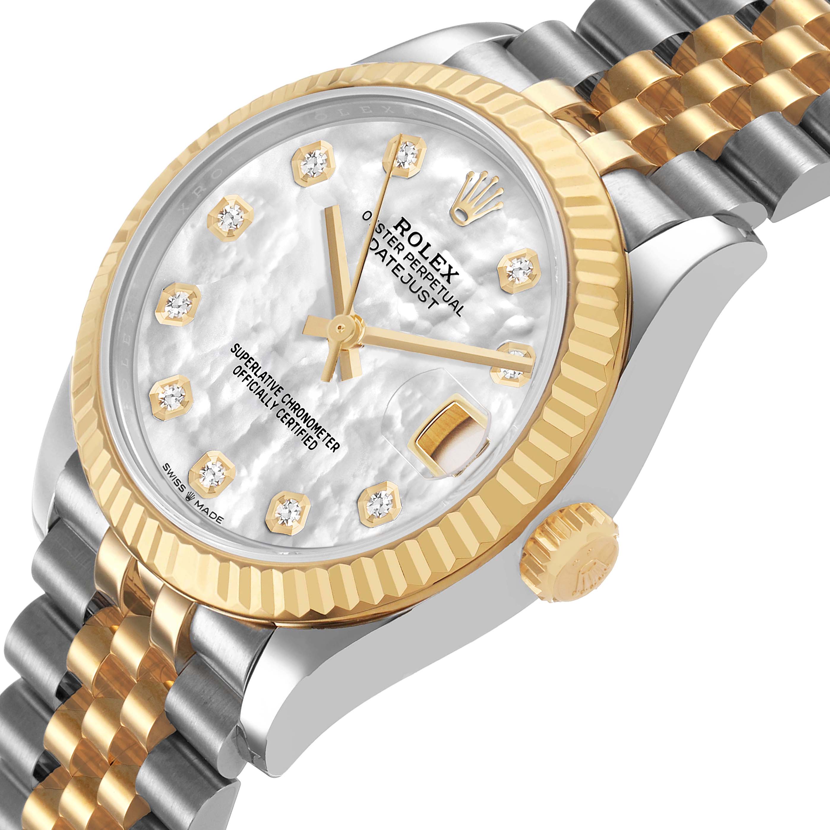 The Rolex Mid-Size 82598 Women's Steel and Gold (two tone) Mother of Pearl Dial watch is shown at an angled view, highlighting the case, bezel, dial, crown, and bracelet.