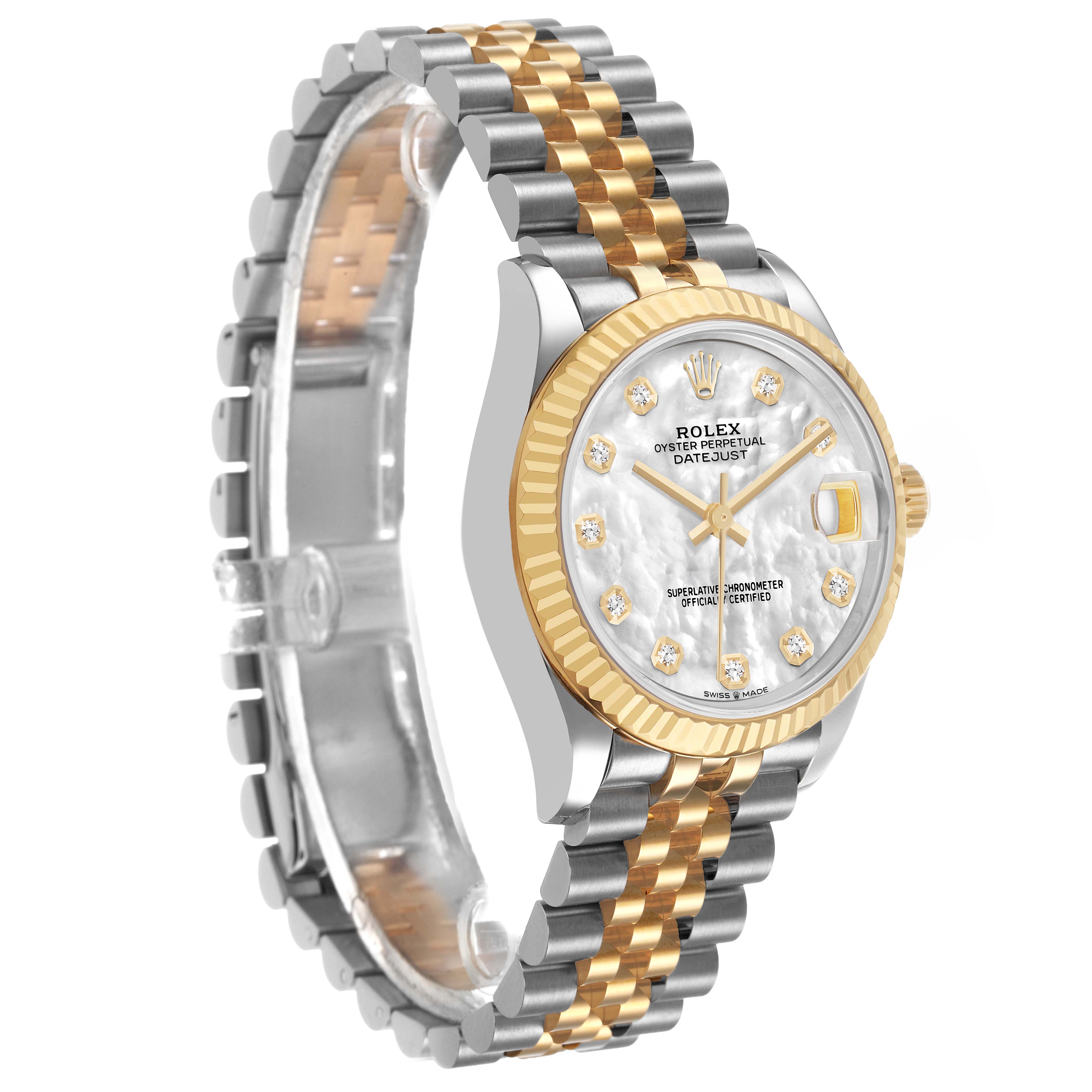 The Rolex Mid-Size 82598 Women's Steel and Gold (two tone) Mother of Pearl Dial watch is shown at a three-quarter angle, displaying the face, bezel, and bracelet.