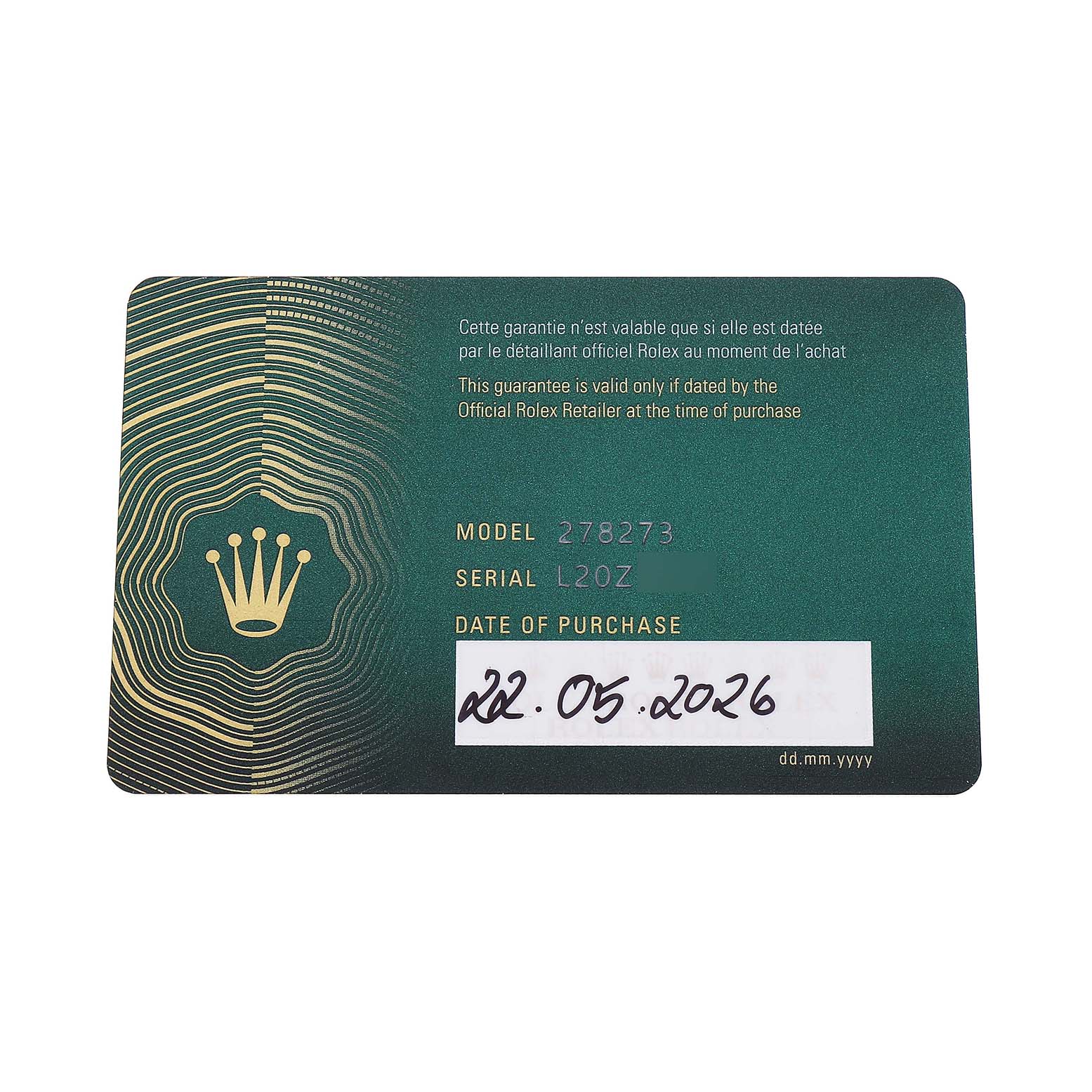 The image shows a Rolex warranty card for the Mid-Size model 278273 with serial number details.