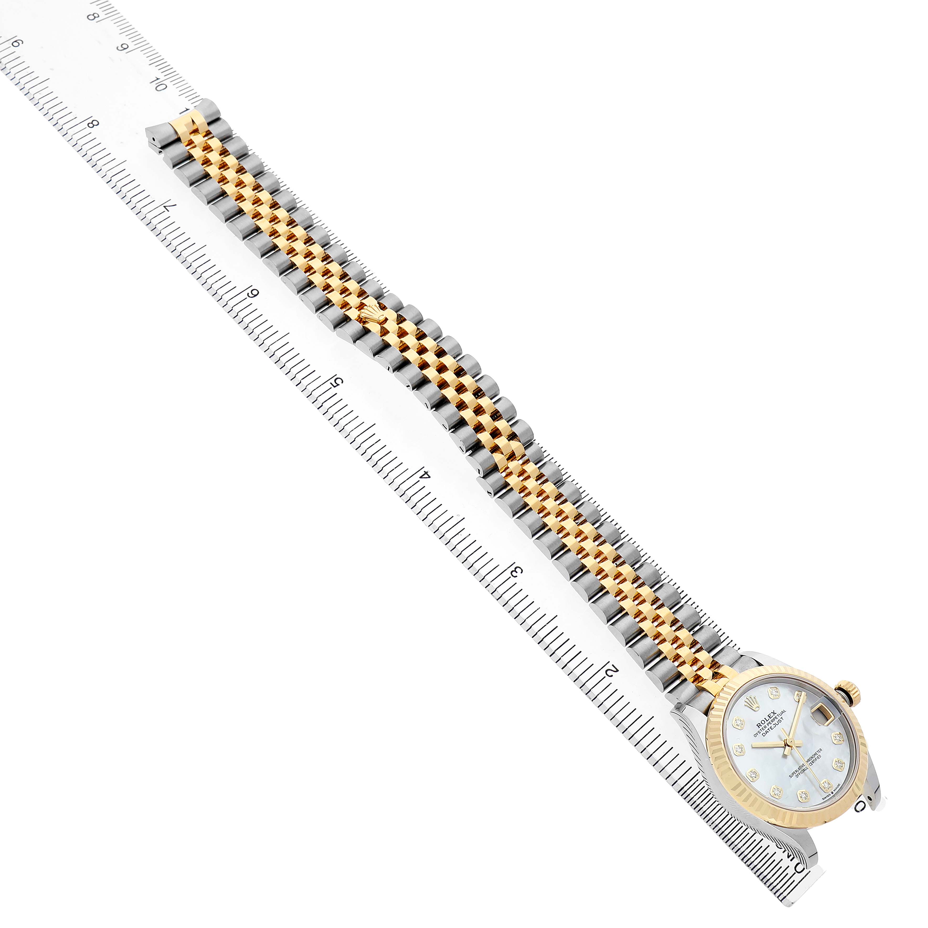 The Rolex Mid-Size 82598 Women's Steel and Gold (two tone) Mother of Pearl Dial watch is shown at a diagonal angle, highlighting its bracelet, bezel, and dial.