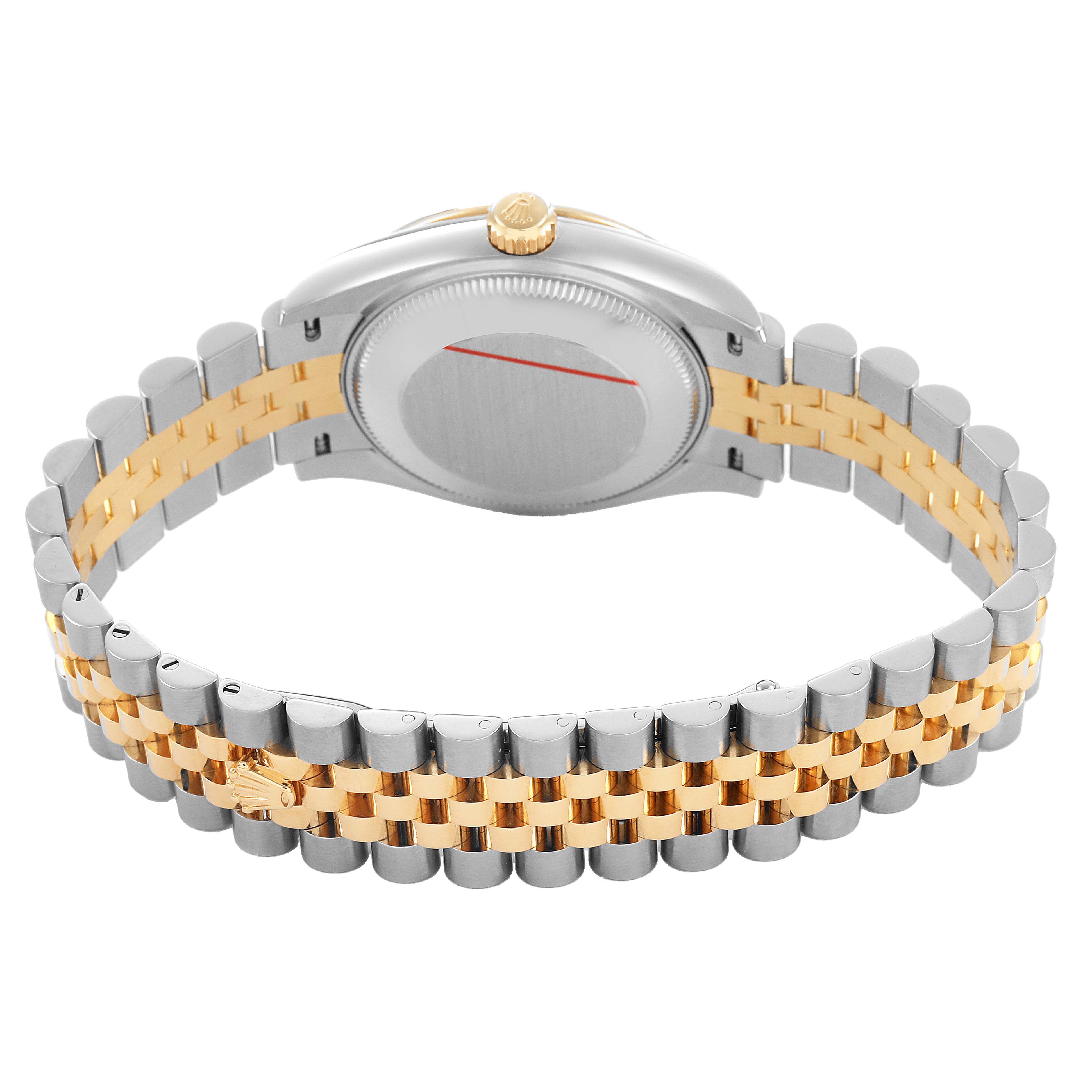 The image shows the back and side view of a Rolex Mid-Size 82598 Women's Steel and Gold (two tone) Mother of Pearl Dial model, highlighting the two-tone bracelet and case back.