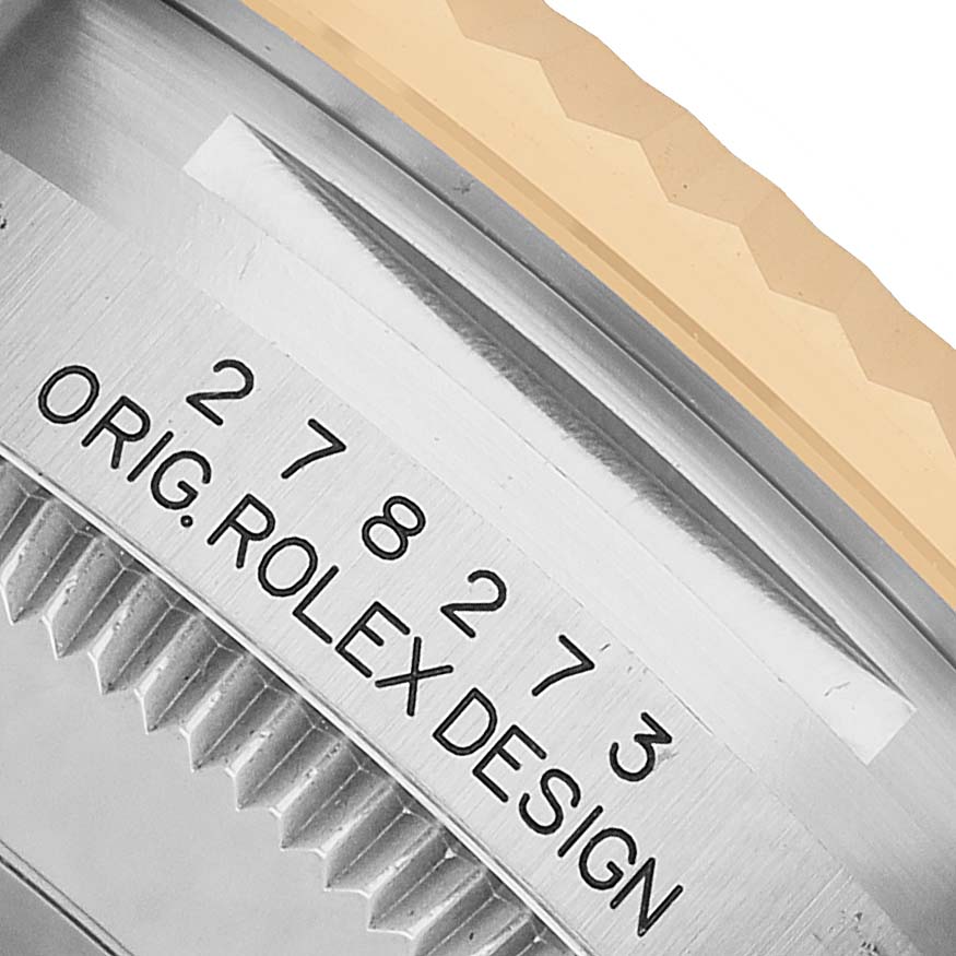 The image shows the Rolex Mid-Size 82598 Women's Steel and Gold (two tone) Mother of Pearl Dial model's case side with engraved model number and "ORIG. ROLEX DESIGN."