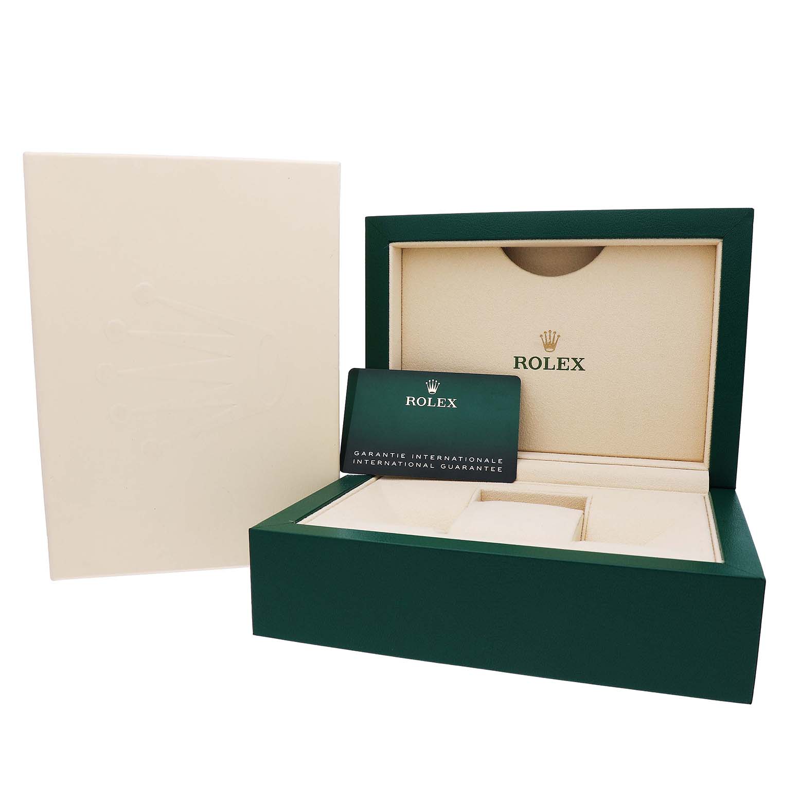 The image shows the packaging and guarantee card for the Rolex Mid-Size 82598 Women's Steel and Gold (two tone) Mother of Pearl Dial model.