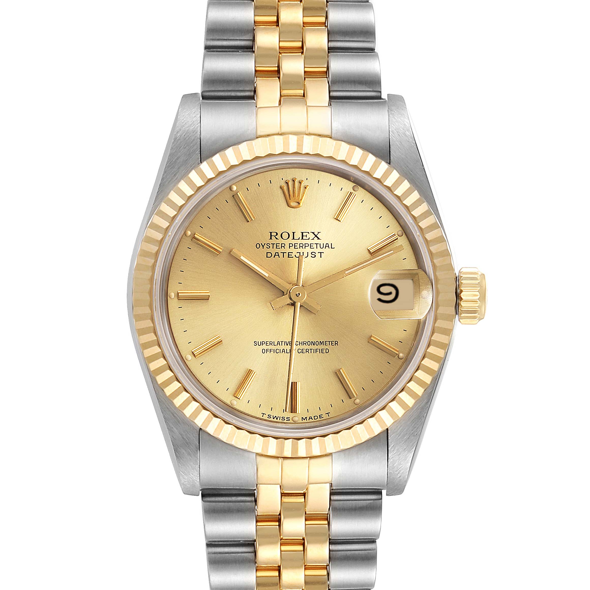 This image shows a front view of a Rolex Oyster Perpetual Datejust Mid-Size model, featuring a gold and silver bracelet.
