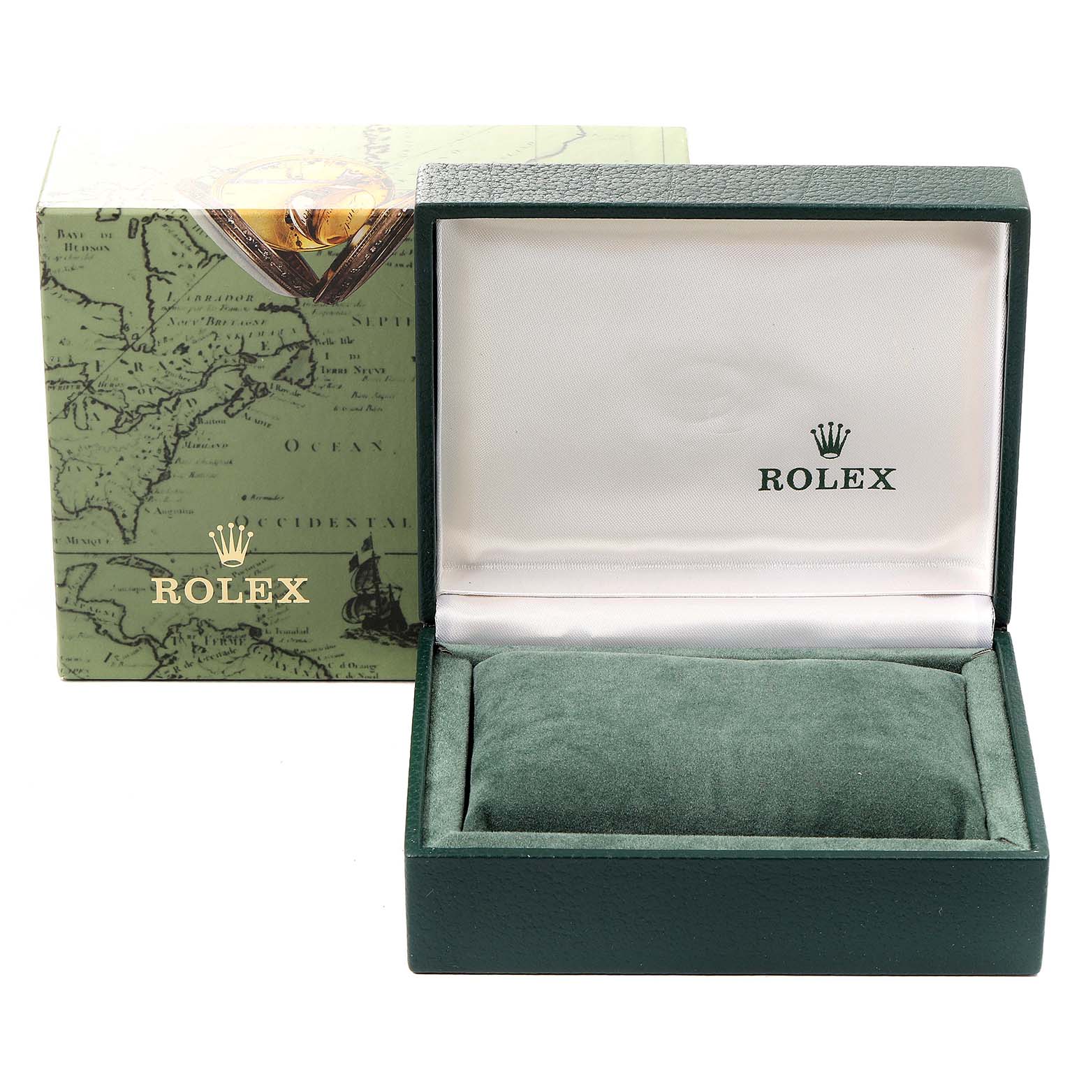 The image shows an empty Rolex Mid-Size 68273 Women's Steel and Gold (two tone) Champagne Dial 68273 Women's Steel and Gold (two tone) Champagne Dial watch box with its cover open and a cushion inside.