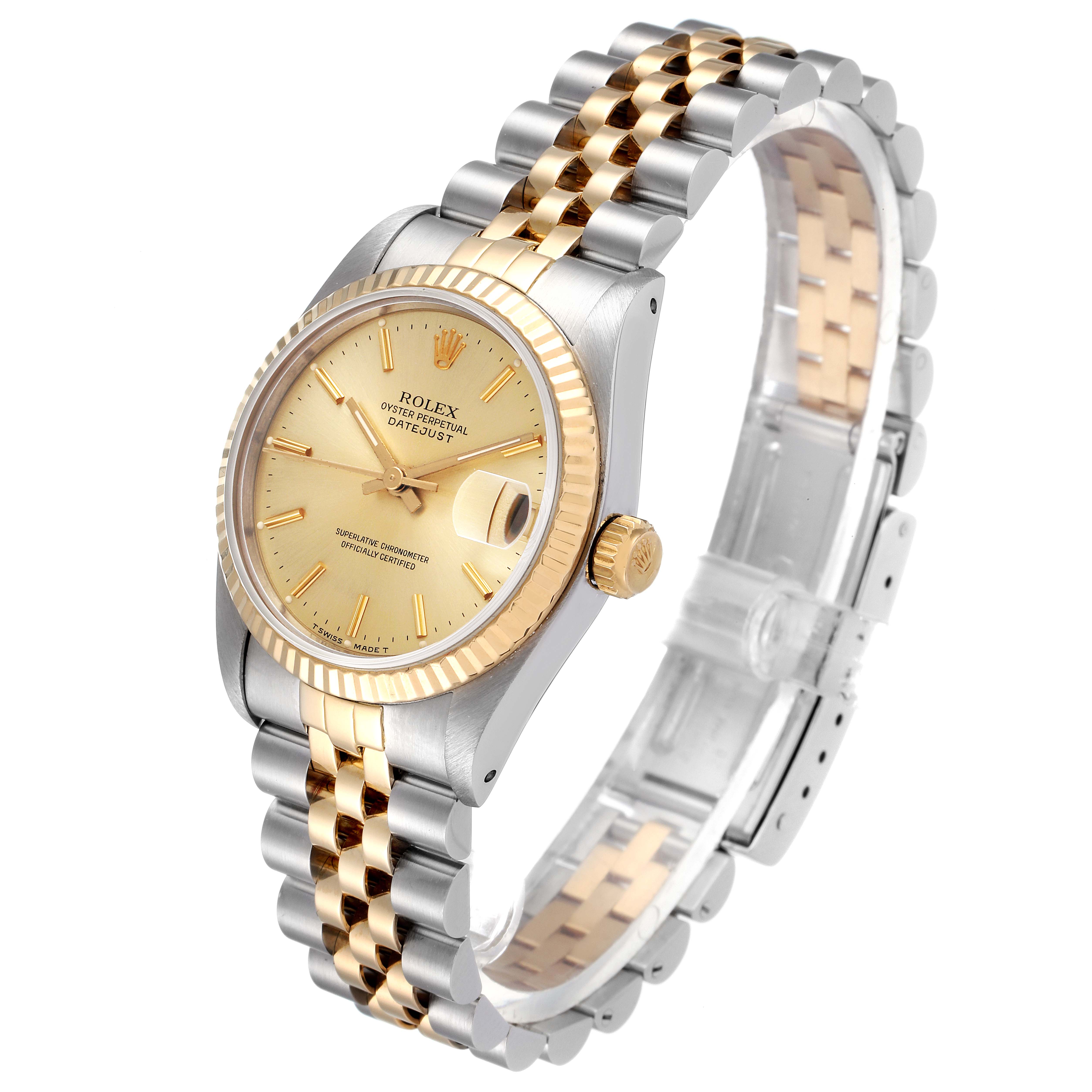 The Rolex Mid-Size 68273 Women's Steel and Gold (two tone) Champagne Dial 68273 Women's Steel and Gold (two tone) Champagne Dial model watch is shown at a three-quarter angle, displaying its face, bezel, crown, and two-tone bracelet.