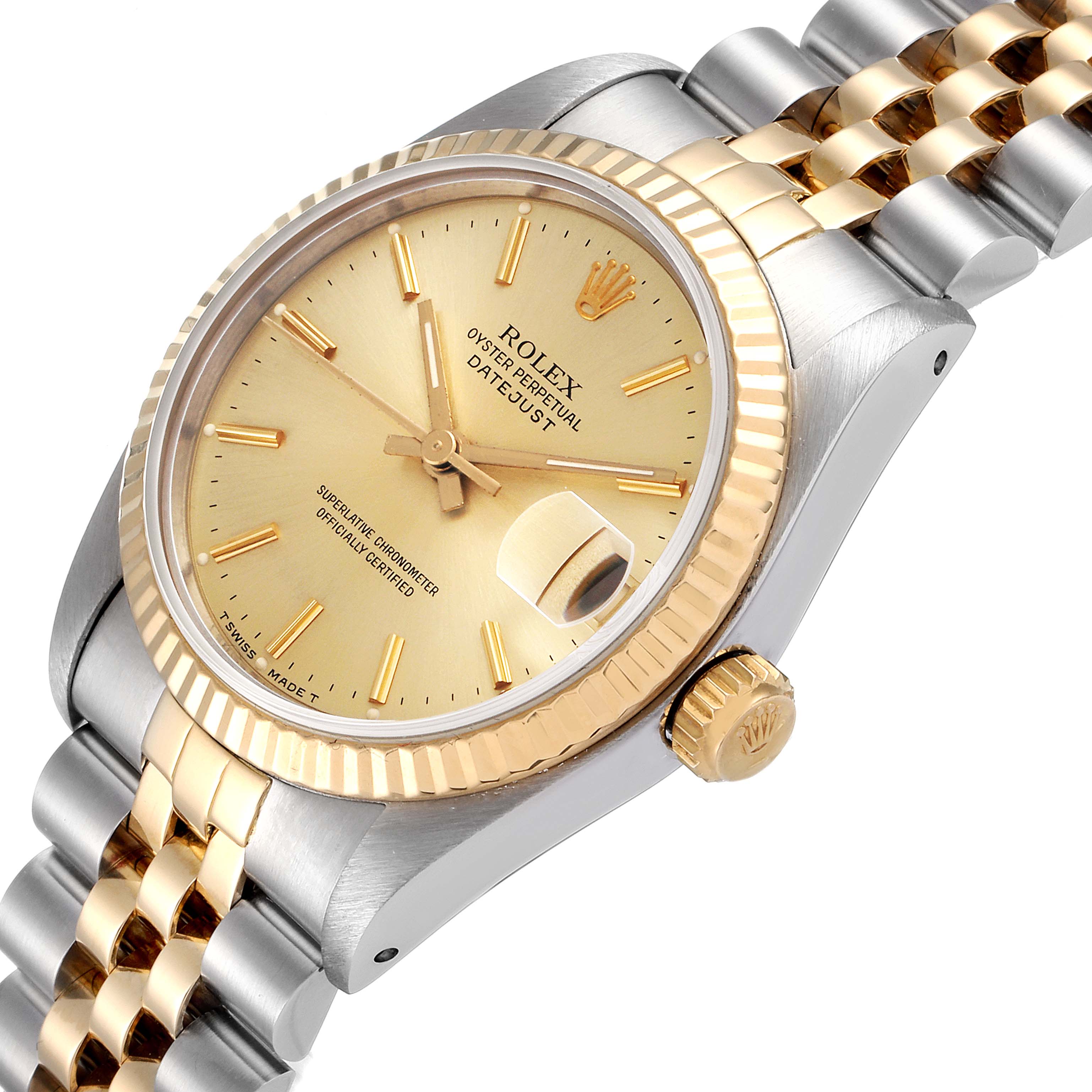 The angle shows a close-up of the Rolex Datejust Mid-Size watch featuring the dial, bezel, crown, and part of the bracelet.
