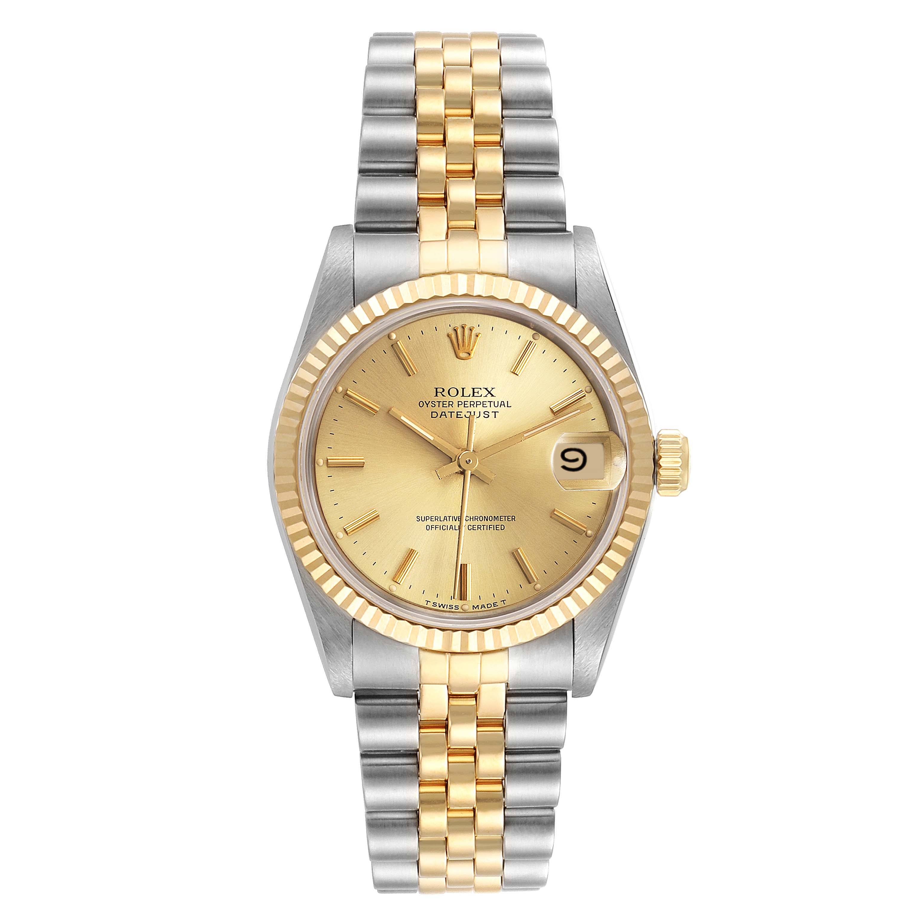 The image shows a front view of a Rolex Oyster Perpetual Datejust Mid-Size model, featuring a gold and silver fluted bezel and jubilee bracelet.