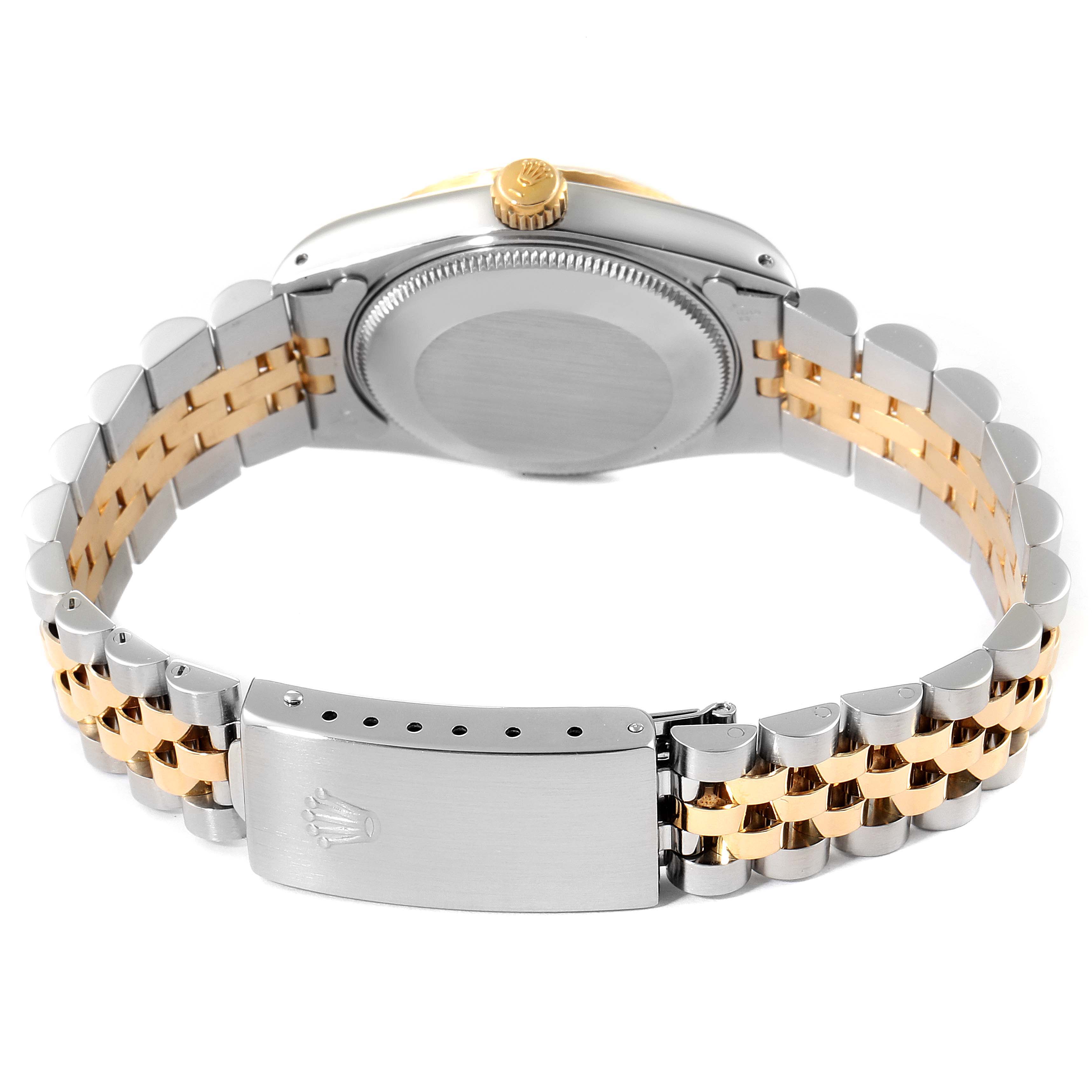 This image shows the back view of the Rolex Mid-Size 68273 Women's Steel and Gold (two tone) Champagne Dial 68273 Women's Steel and Gold (two tone) Champagne Dial model, highlighting the two-tone bracelet and clasp.