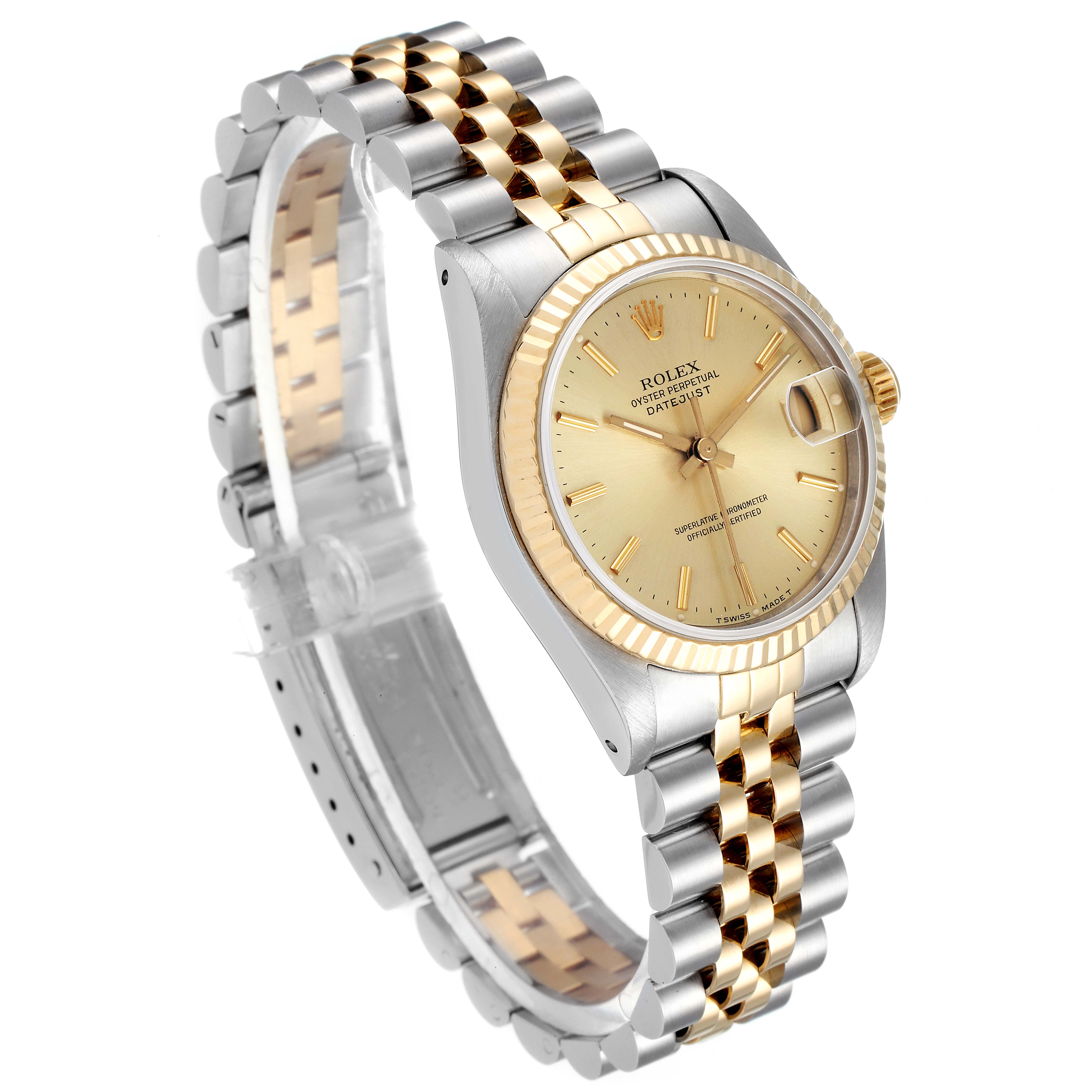 This image shows a Rolex Mid-Size 68273 Women's Steel and Gold (two tone) Champagne Dial 68273 Women's Steel and Gold (two tone) Champagne Dial model watch in a three-quarter angle, displaying the face, case, and two-tone bracelet.