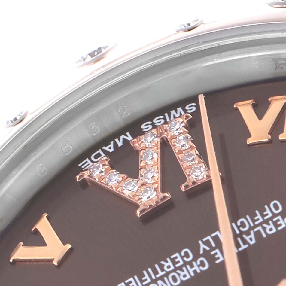 The image shows a close-up of the Rolex Mid-Size model 178341 watch face, highlighting the dial with diamond-studded Roman numerals and "SWISS MADE."
