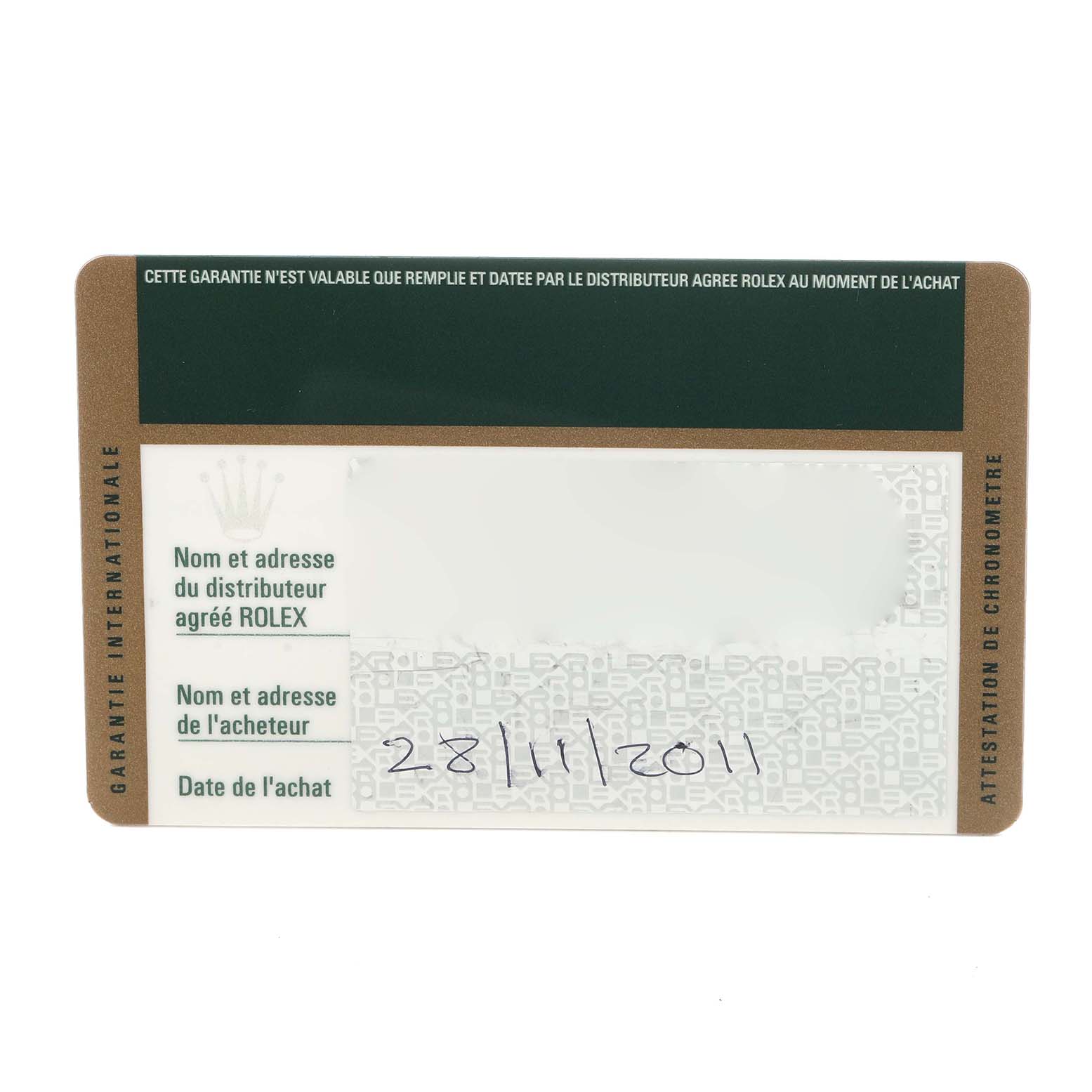 This image shows an international warranty card for a Rolex Mid-Size model, model number 178341, dated November 28, 2011.