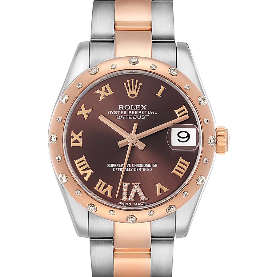 The image shows a frontal view of the Rolex Datejust watch model 178341, highlighting the brown dial, rose gold bezel, Roman numerals, and the two-tone bracelet.