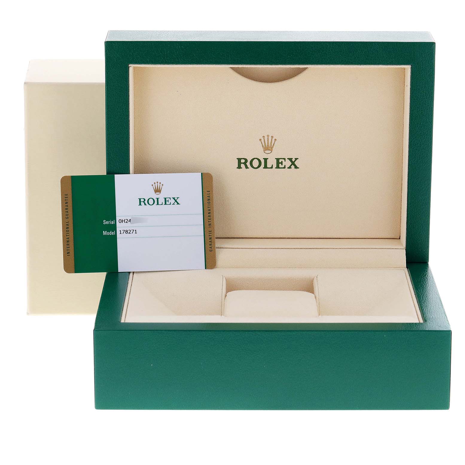 The image shows an open green Rolex watch box for a Mid-Size model, along with a model and serial number card.