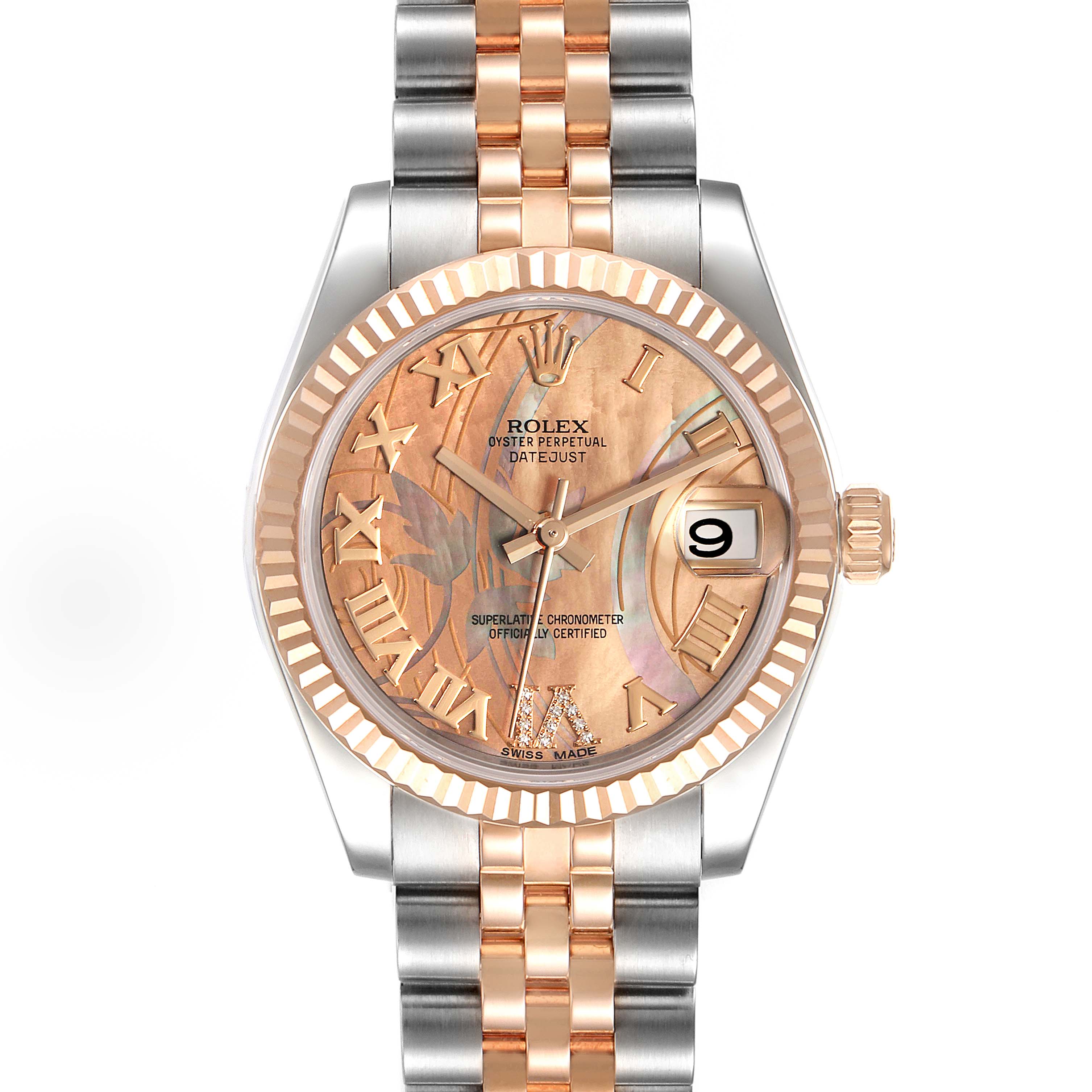 This image shows a front view of a Mid-Size Rolex Oyster Perpetual Datejust watch, including its dial, bezel, and bracelet.