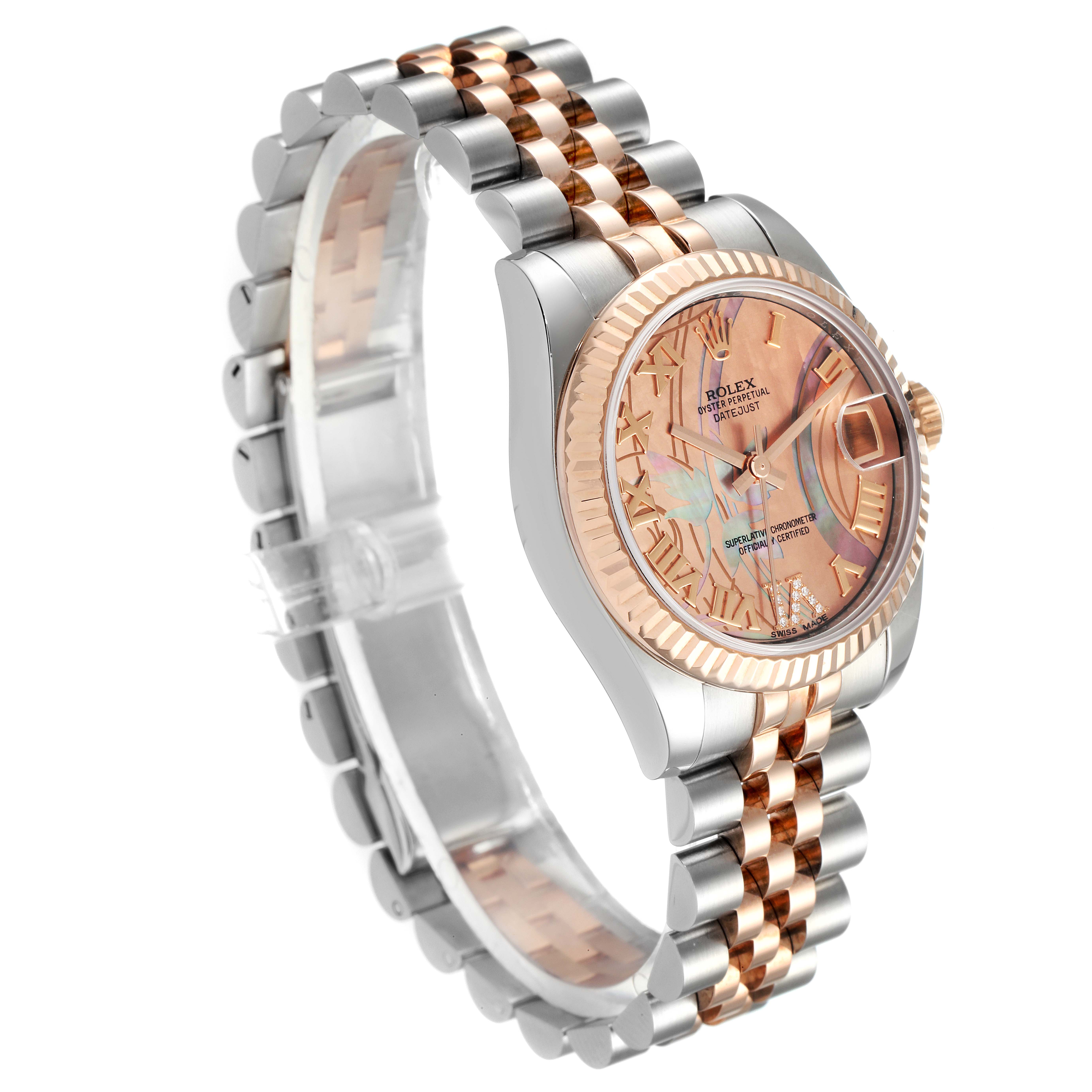 The image shows a side-angle view of a Mid-Size Rolex watch, highlighting the dial, bezel, and two-tone bracelet.