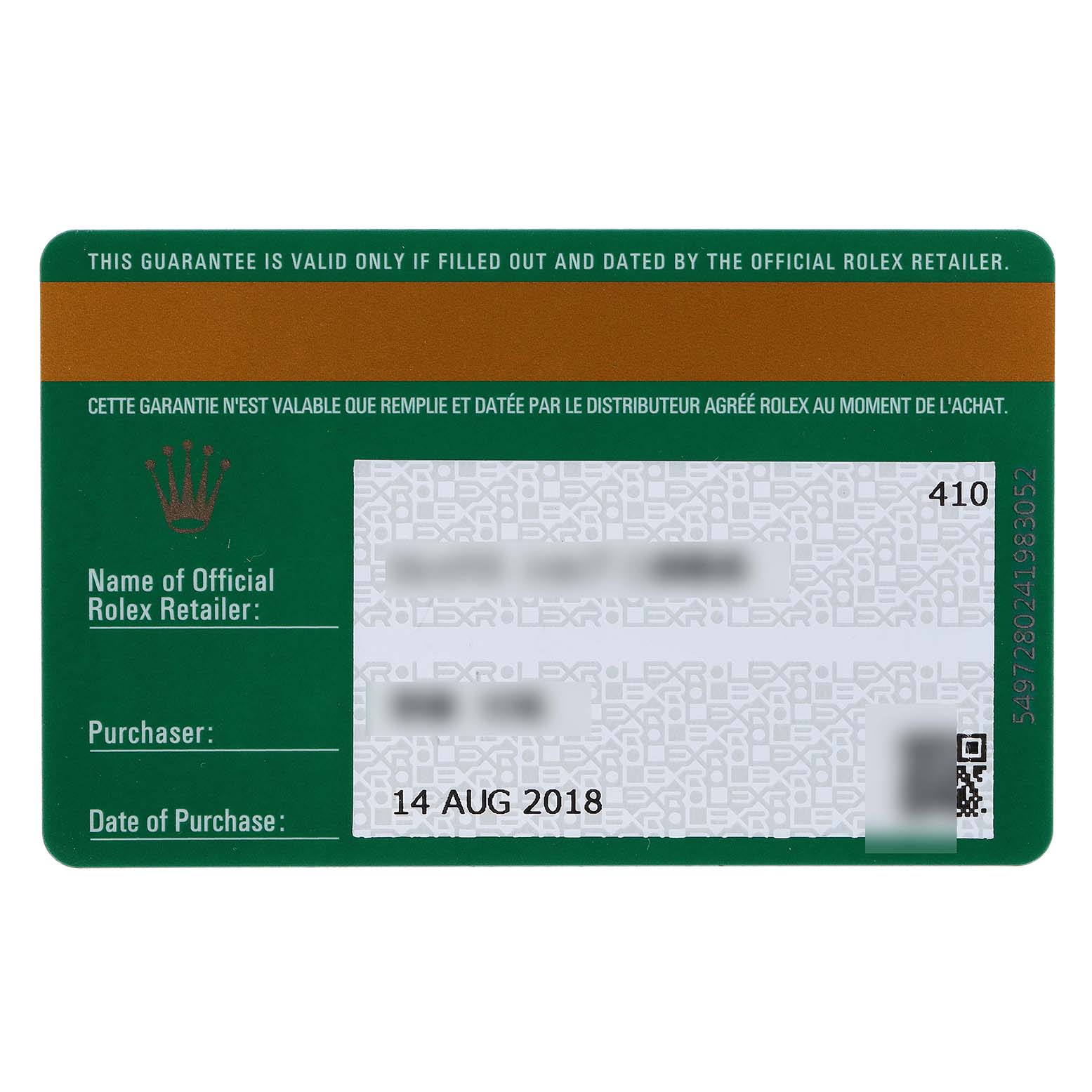 The image shows a green and white warranty card for a Mid-Size Rolex watch with the purchase date and retailer information.