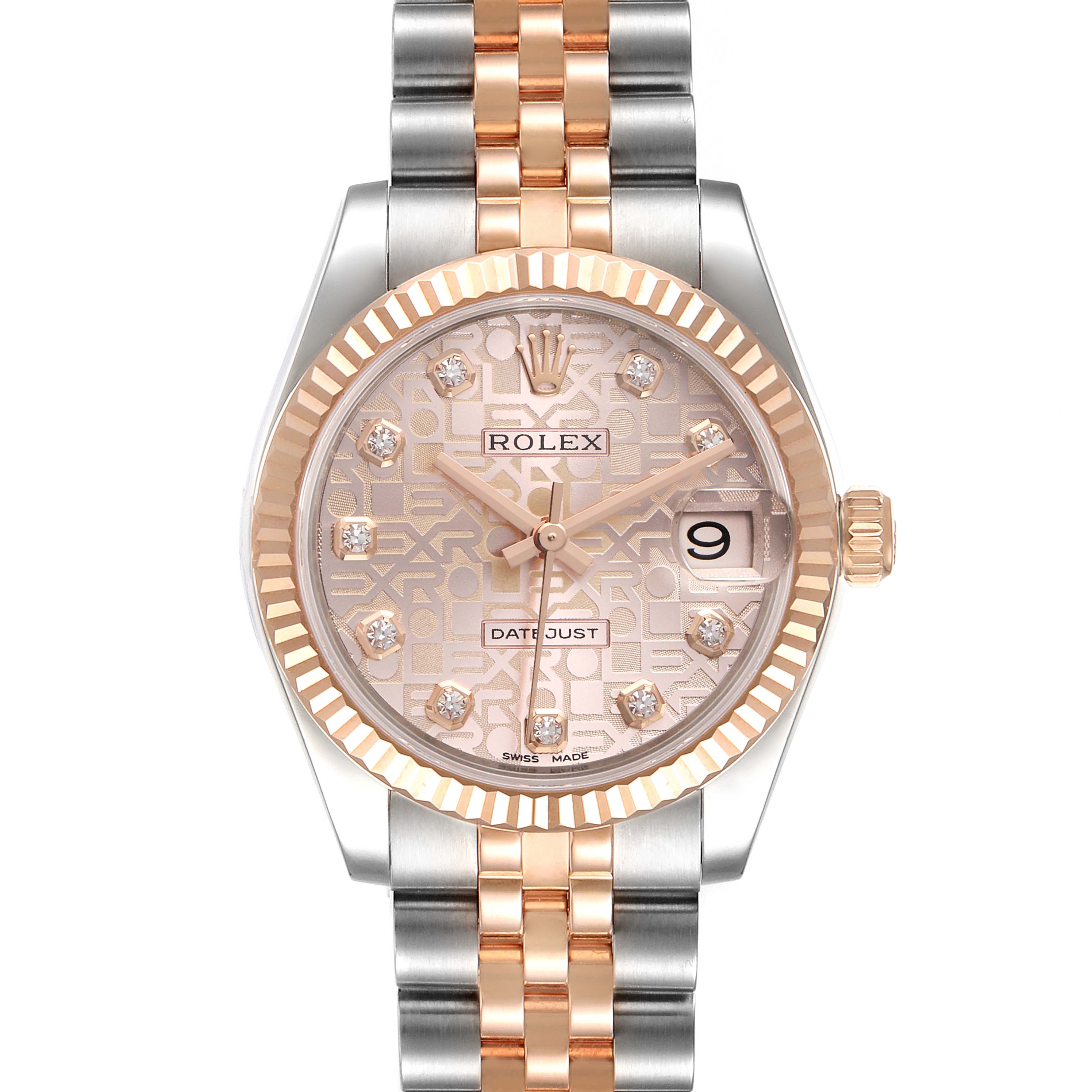 This image shows a Front view of the Mid-Size Rolex Datejust watch, featuring a two-tone rose gold and stainless steel bracelet, with a textured dial and date display.