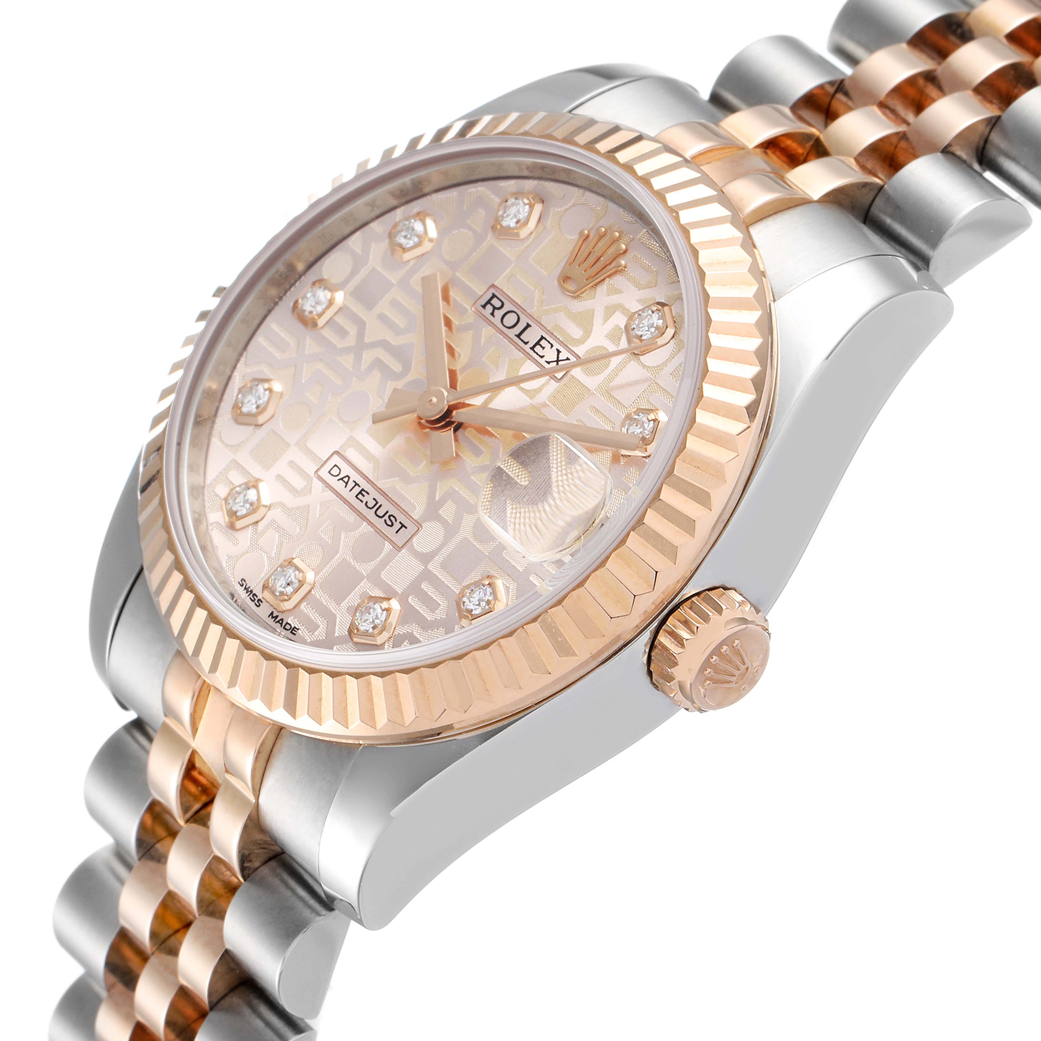 The image shows a Rolex Datejust Mid-Size watch from a side angle, highlighting the dial, bezel, crown, and bracelet.