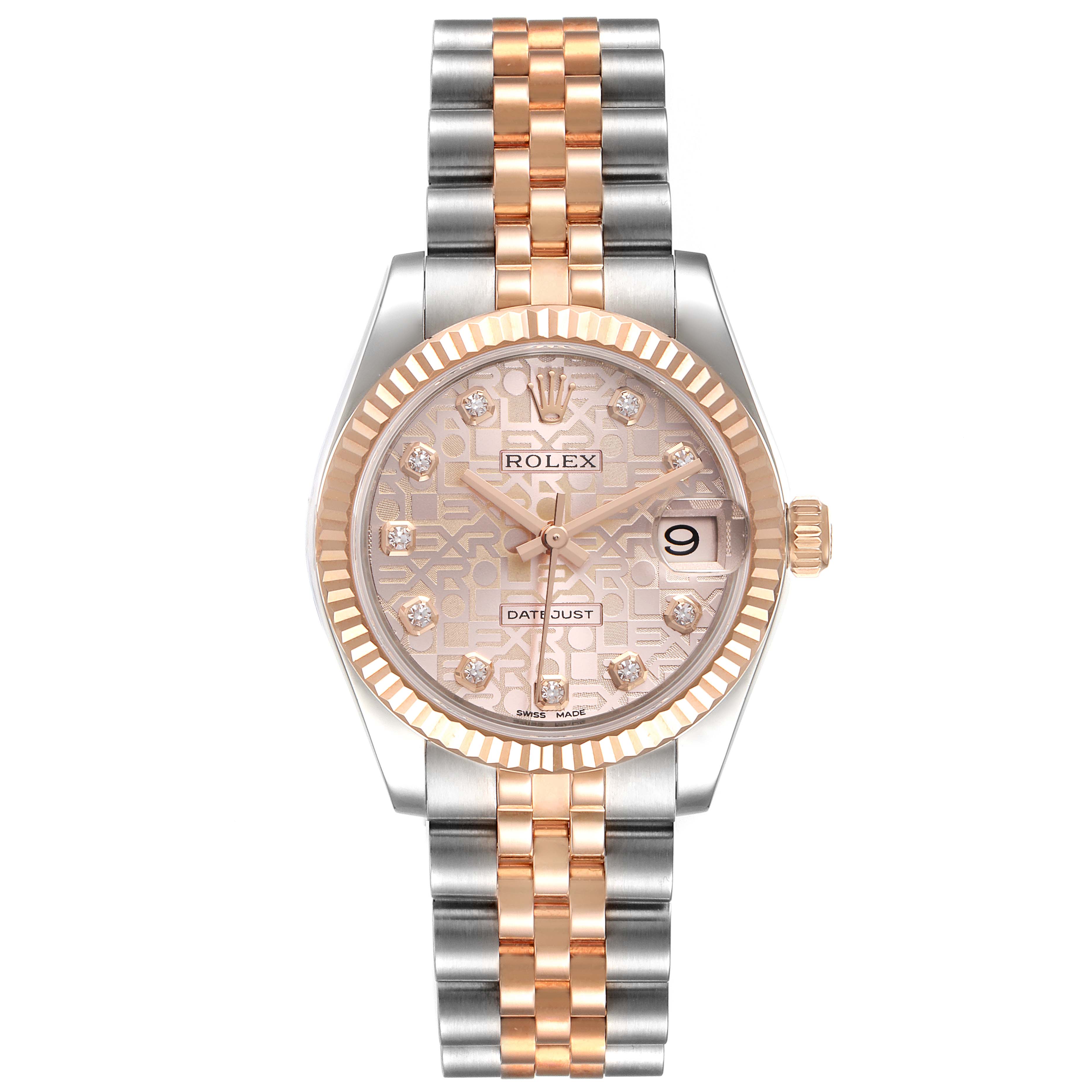 This image shows a Mid-Size Rolex Datejust watch with a rose gold and stainless steel bracelet, diamond hour markers, and a date display.