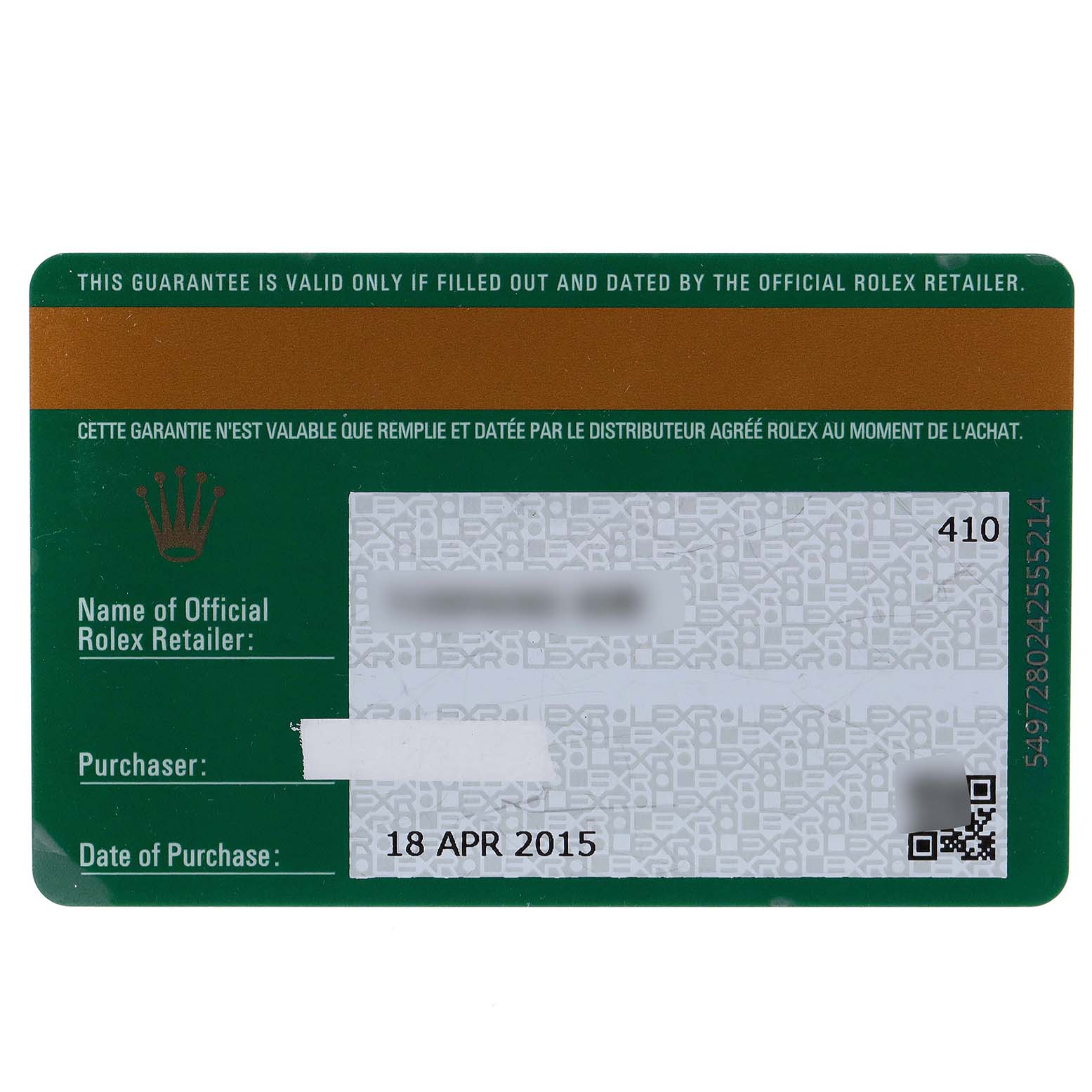 The image shows the warranty card for a Mid-Size Rolex watch, detailing the retailer name, purchase date, and serial number.