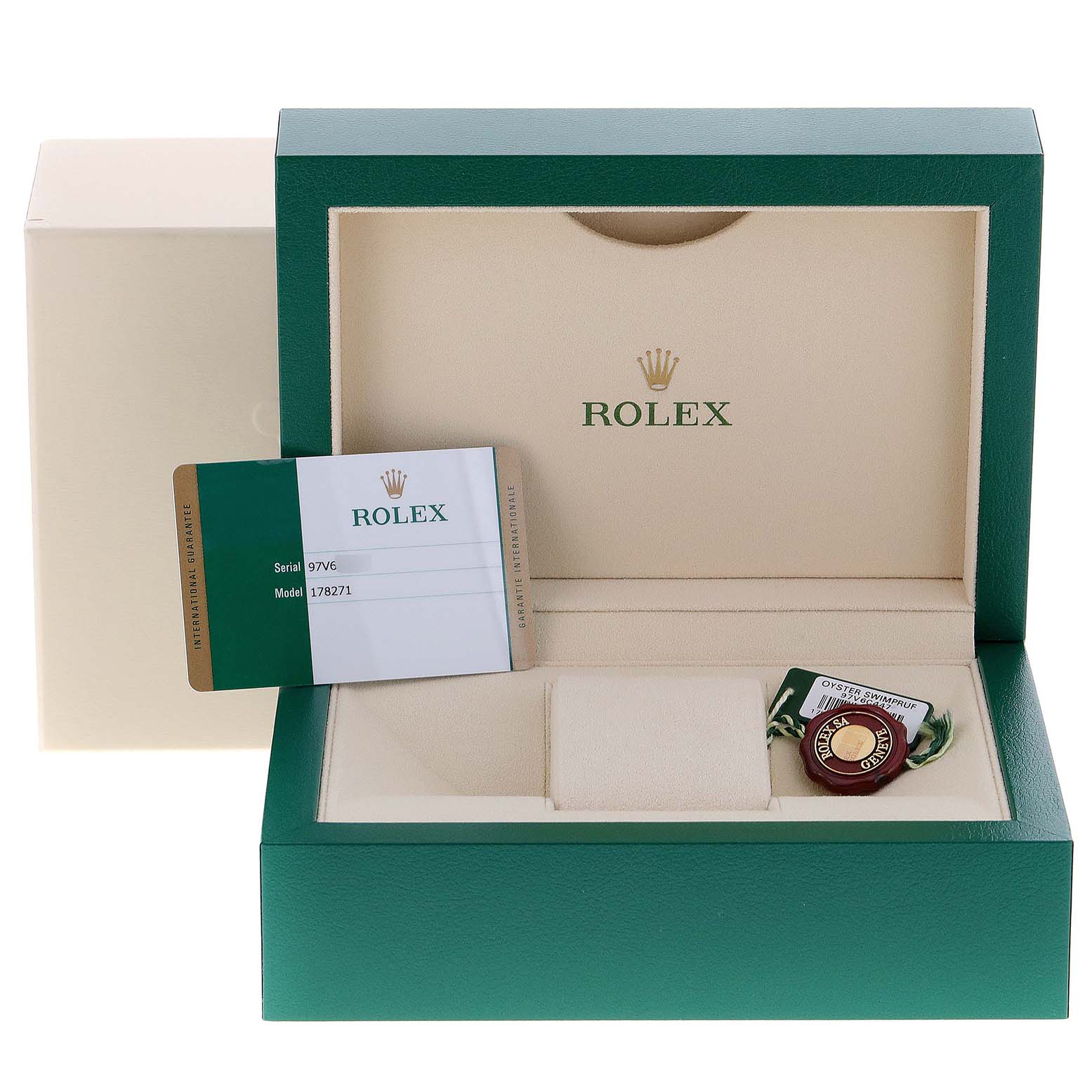 The image shows an open green Rolex box with certification paperwork for a Mid-Size Rolex model 178271.