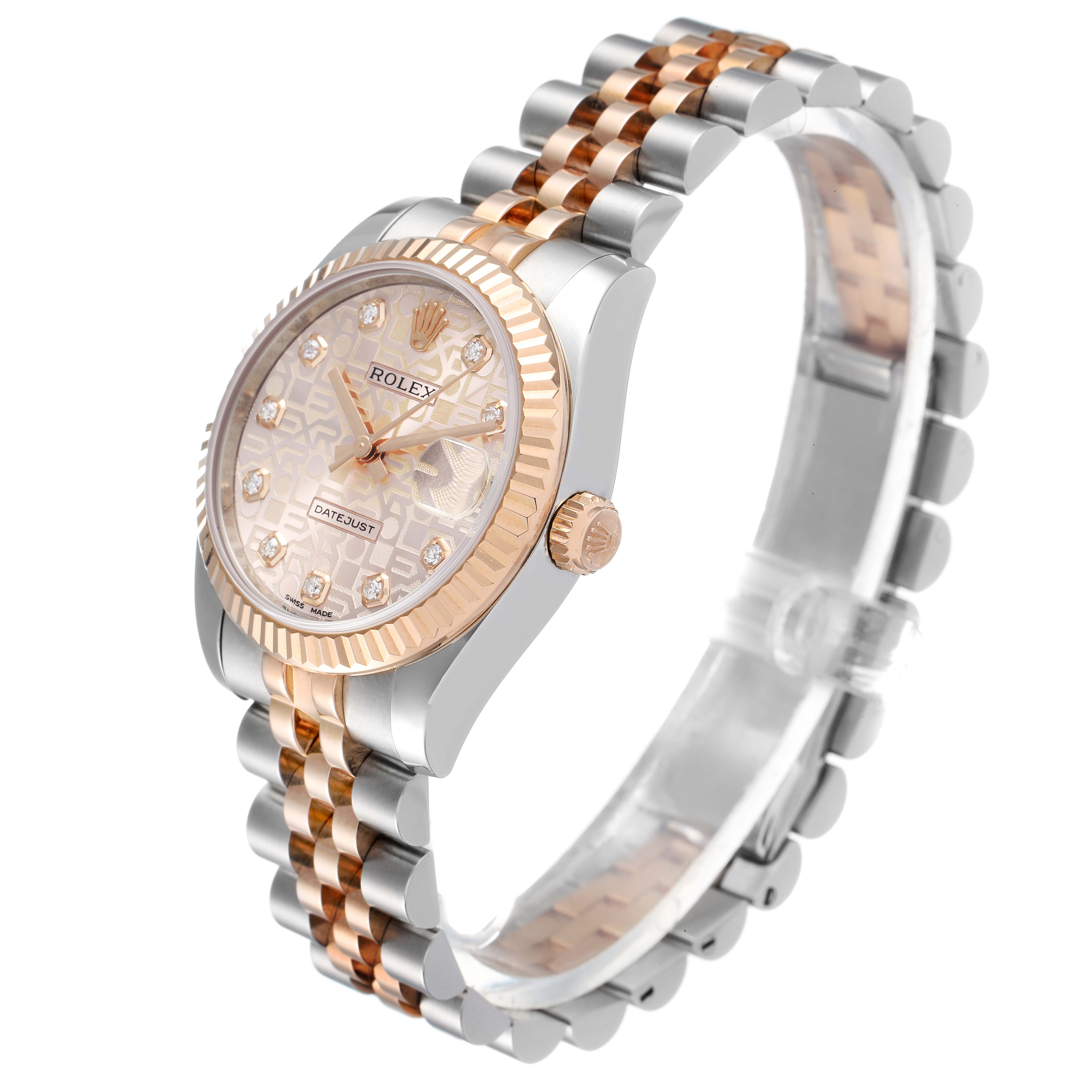 The image shows a Rolex Mid-Size 178271 Women's Steel and Gold (two tone) Pink Dial 178271 Women's Steel and Gold (two tone) Pink Dial model watch at a 3/4 angle, highlighting the dial, bezel, and bracelet.