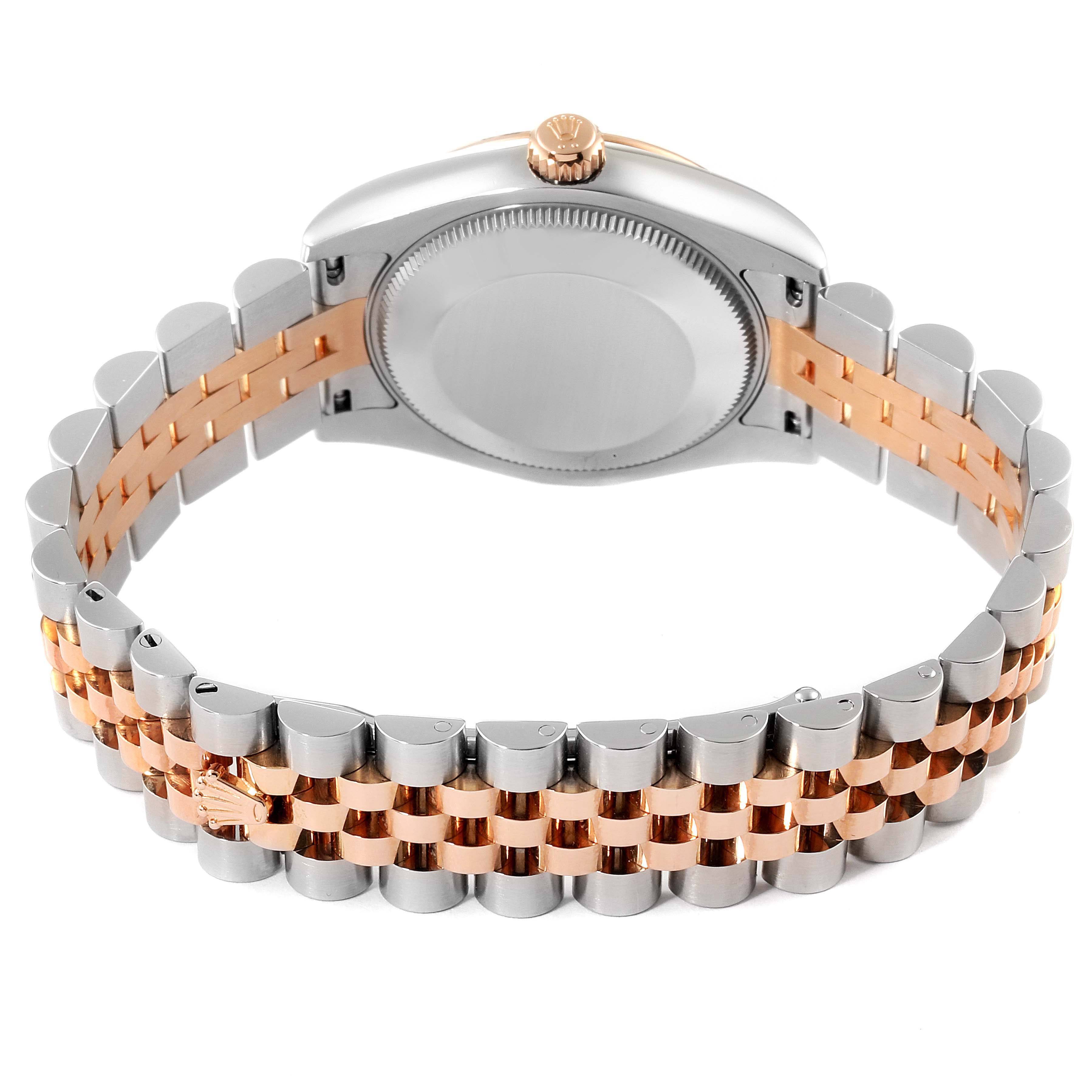 This image shows the back view and bracelet of a Rolex Mid-Size 178271 Women's Steel and Gold (two tone) Pink Dial 178271 Women's Steel and Gold (two tone) Pink Dial model, highlighting the two-tone band and crown.