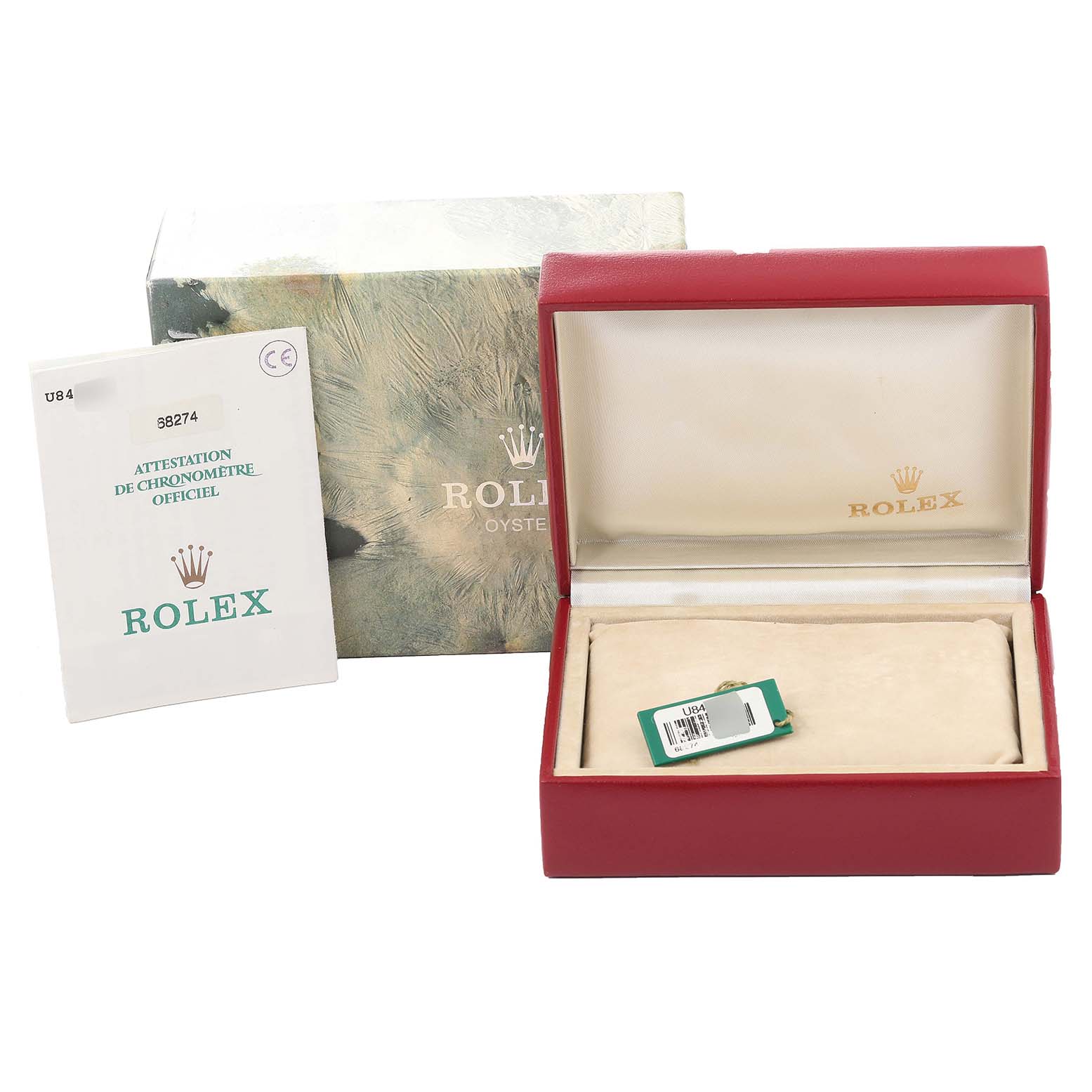 This image shows the open box and certificate for a Mid-Size Rolex watch.