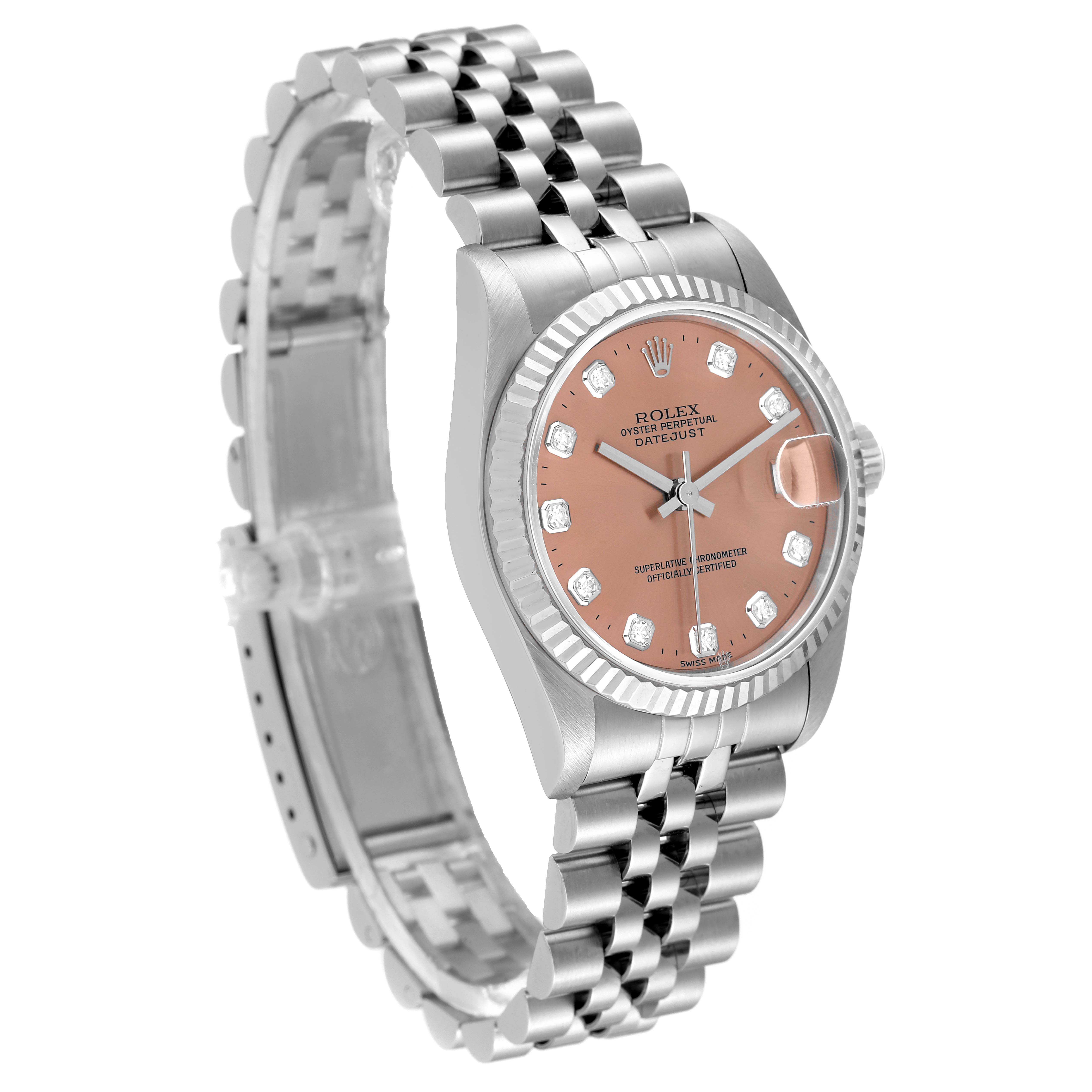 The image shows a Rolex Mid-Size 68274 Women
s Stainless Steel Pink Dial 68274 Women
s Stainless Steel Pink Dial Datejust watch at a slight side angle, highlighting the bezel, dial, and bracelet.
