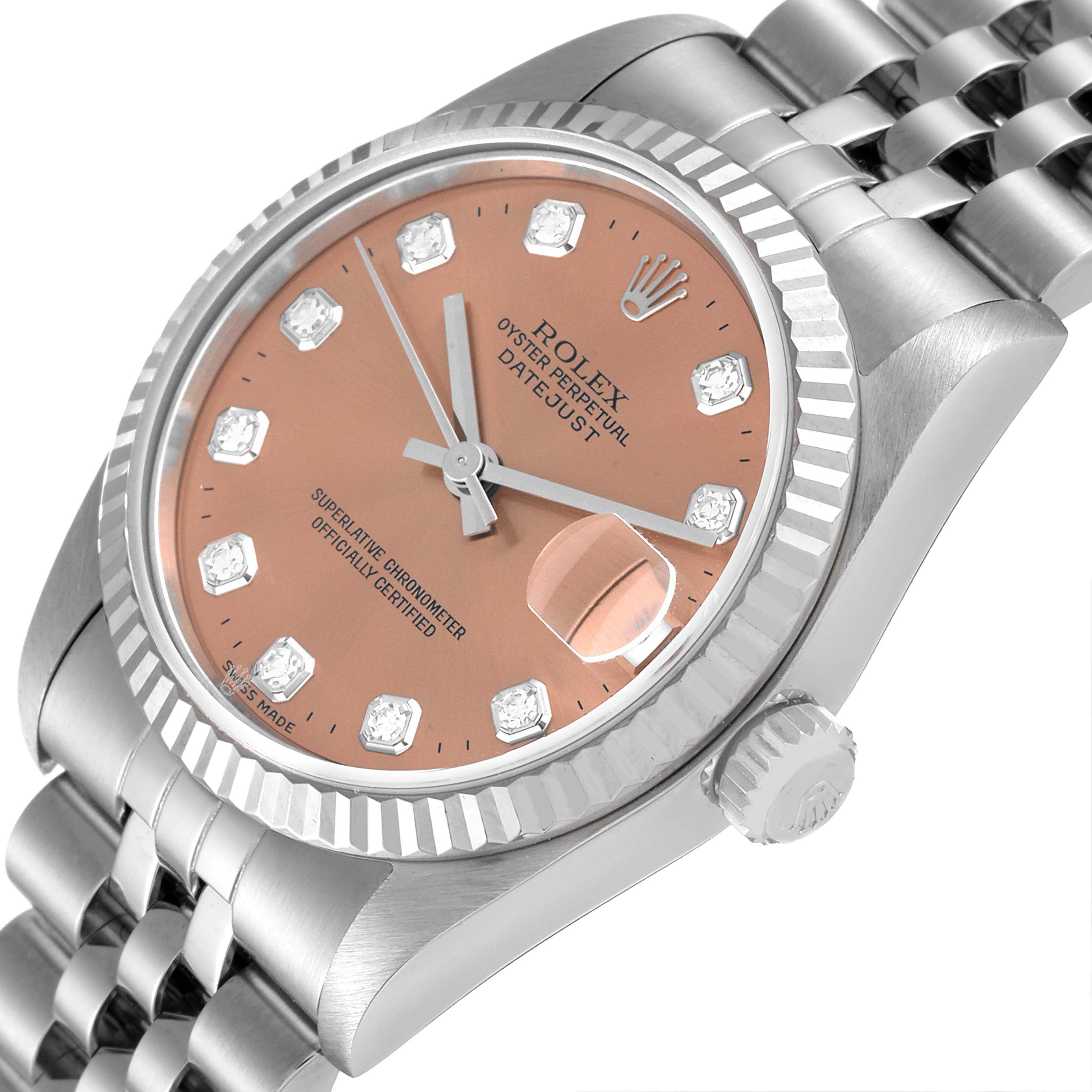 This image shows a close-up of a Rolex Mid-Size 68274 Women
s Stainless Steel Pink Dial 68274 Women
s Stainless Steel Pink Dial Datejust watch, highlighting the dial, bezel, crown, and part of the bracelet.