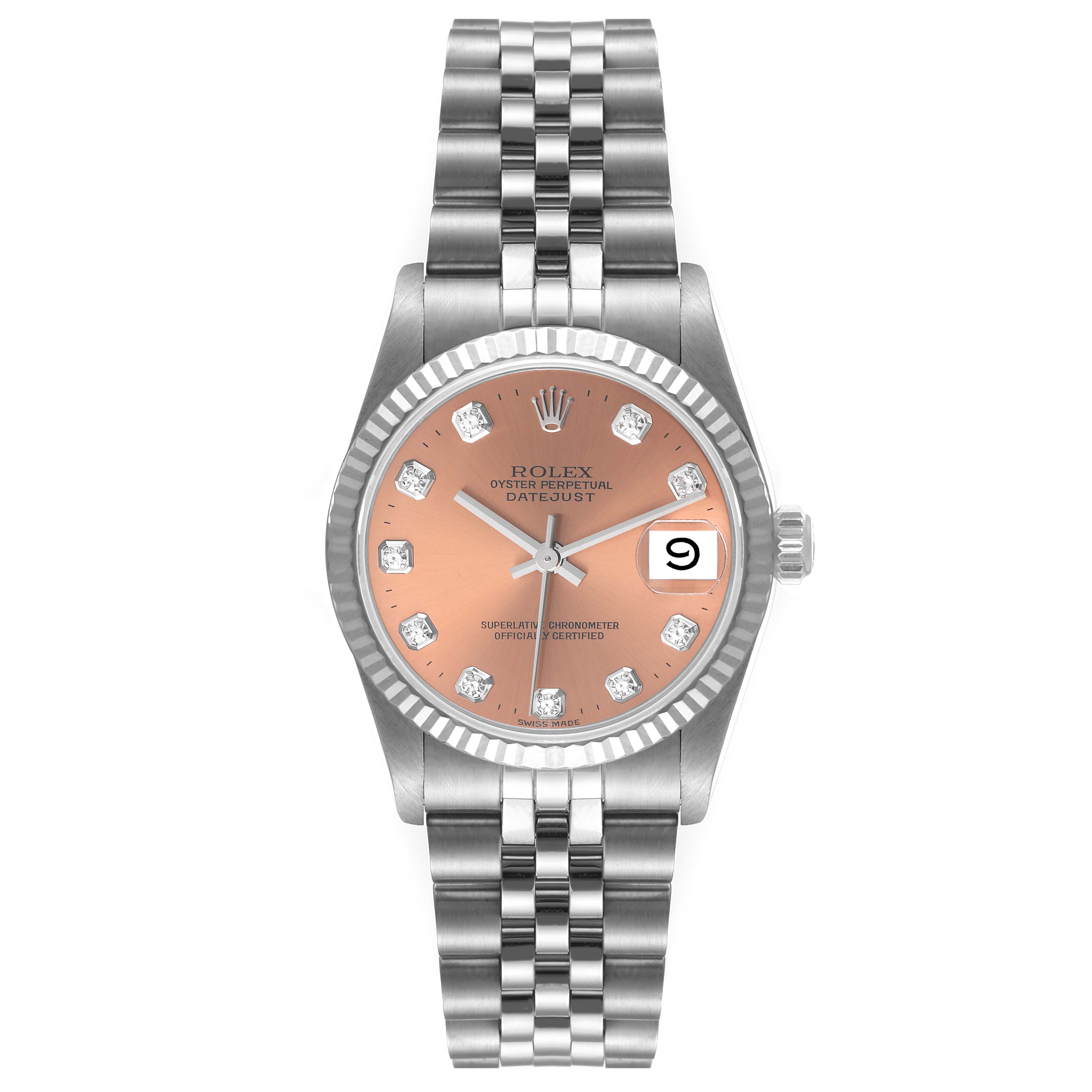 The image shows a front view of a Mid-Size Rolex Oyster Perpetual Datejust with a pink dial, diamond hour markers, and a Jubilee bracelet.