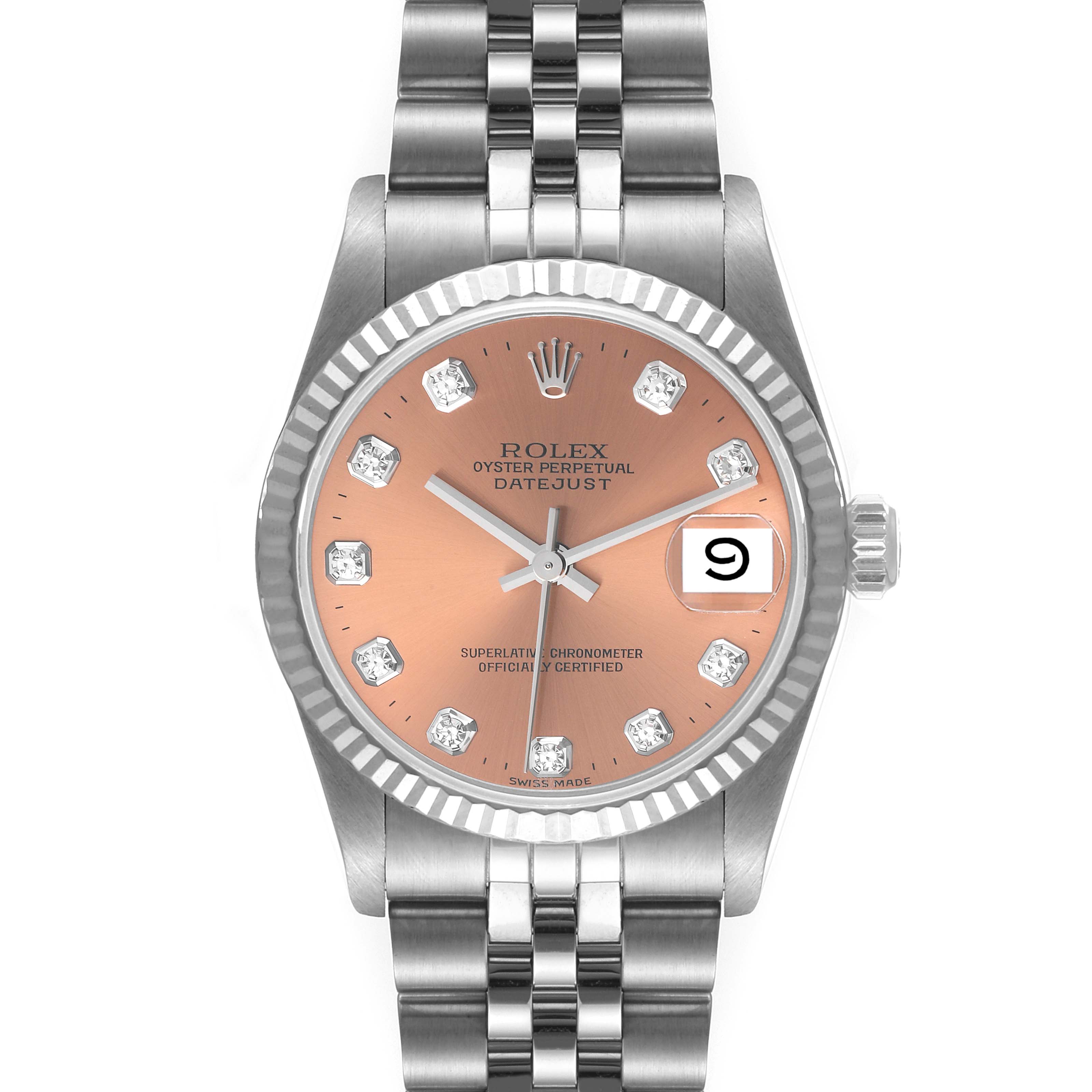The image shows a front view of a Rolex Mid-Size 68274 Women
s Stainless Steel Pink Dial 68274 Women
s Stainless Steel Pink Dial Oyster Perpetual Datejust watch with a bracelet and a date display at 3 o
clock.