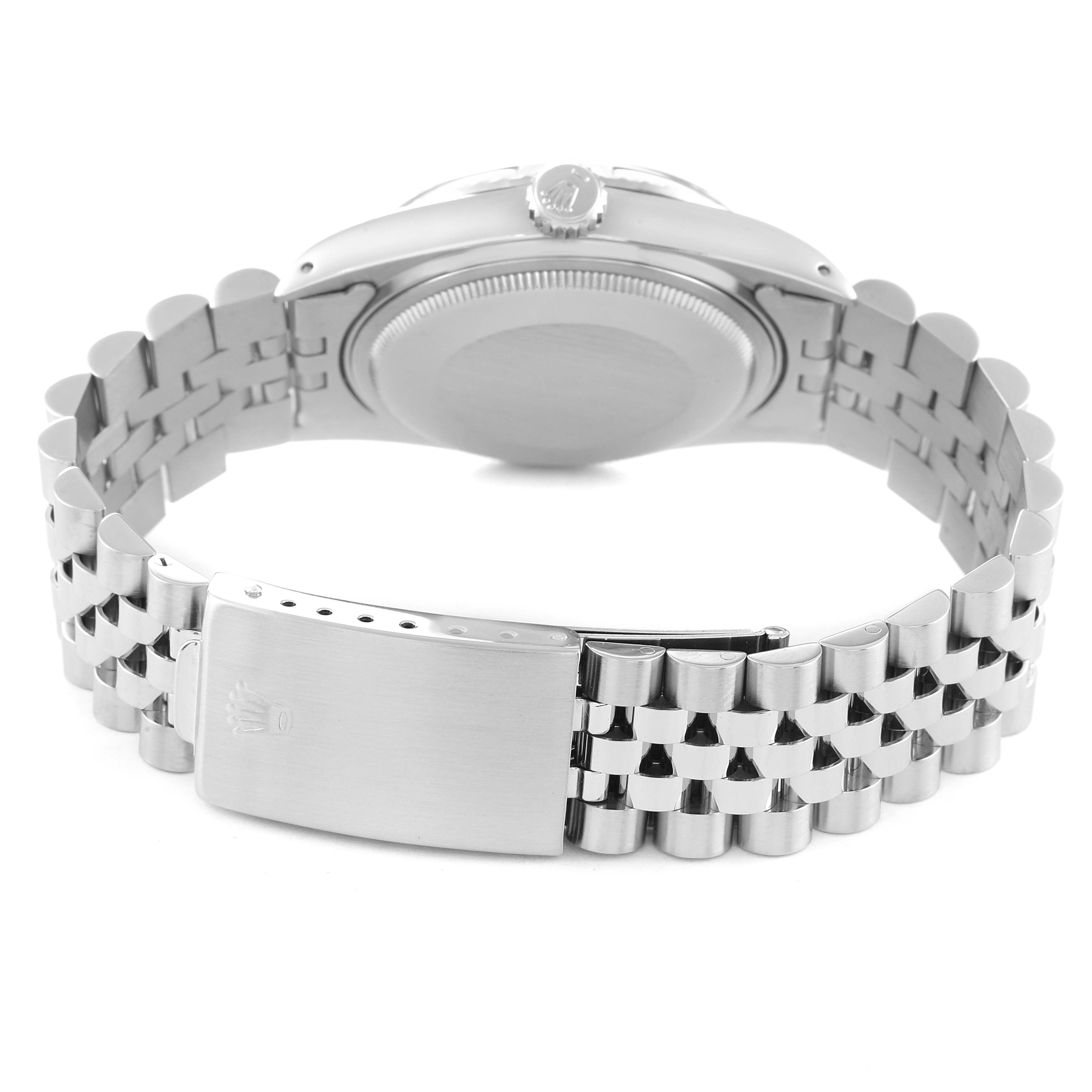 The image shows the back view of the Rolex Vintage Collection 16030 Men's Stainless Steel Silver Dial 16030 Men's Stainless Steel Silver Dial watch, highlighting the clasp and bracelet.