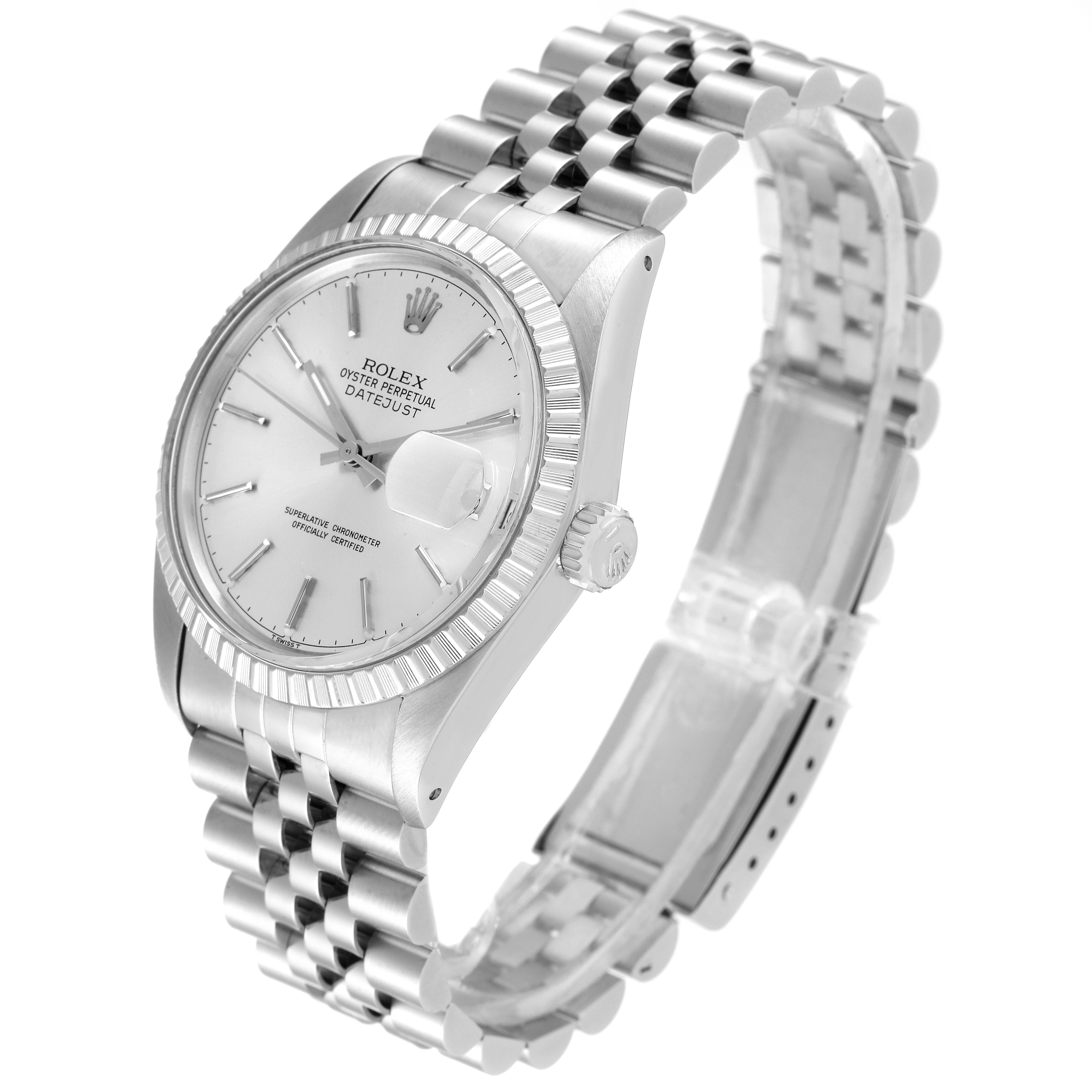 The image shows a side angle of the Rolex Vintage Collection 16030 Men's Stainless Steel Silver Dial 16030 Men's Stainless Steel Silver Dial watch, featuring its dial, bezel, crown, and bracelet.