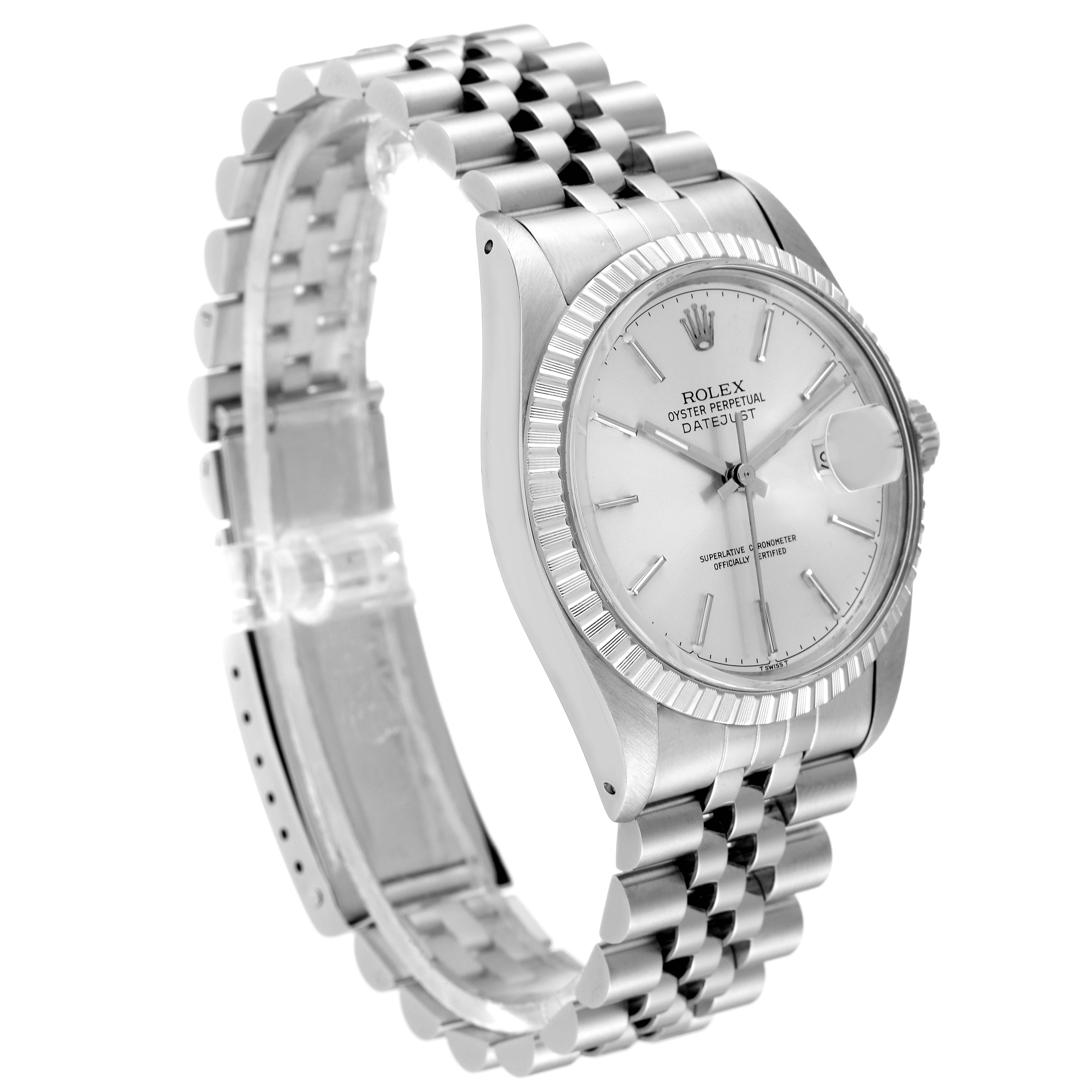 The image shows a Rolex Vintage Collection 16030 Men's Stainless Steel Silver Dial 16030 Men's Stainless Steel Silver Dial model watch from a three-quarter angle, highlighting its bracelet, dial, and fluted bezel.