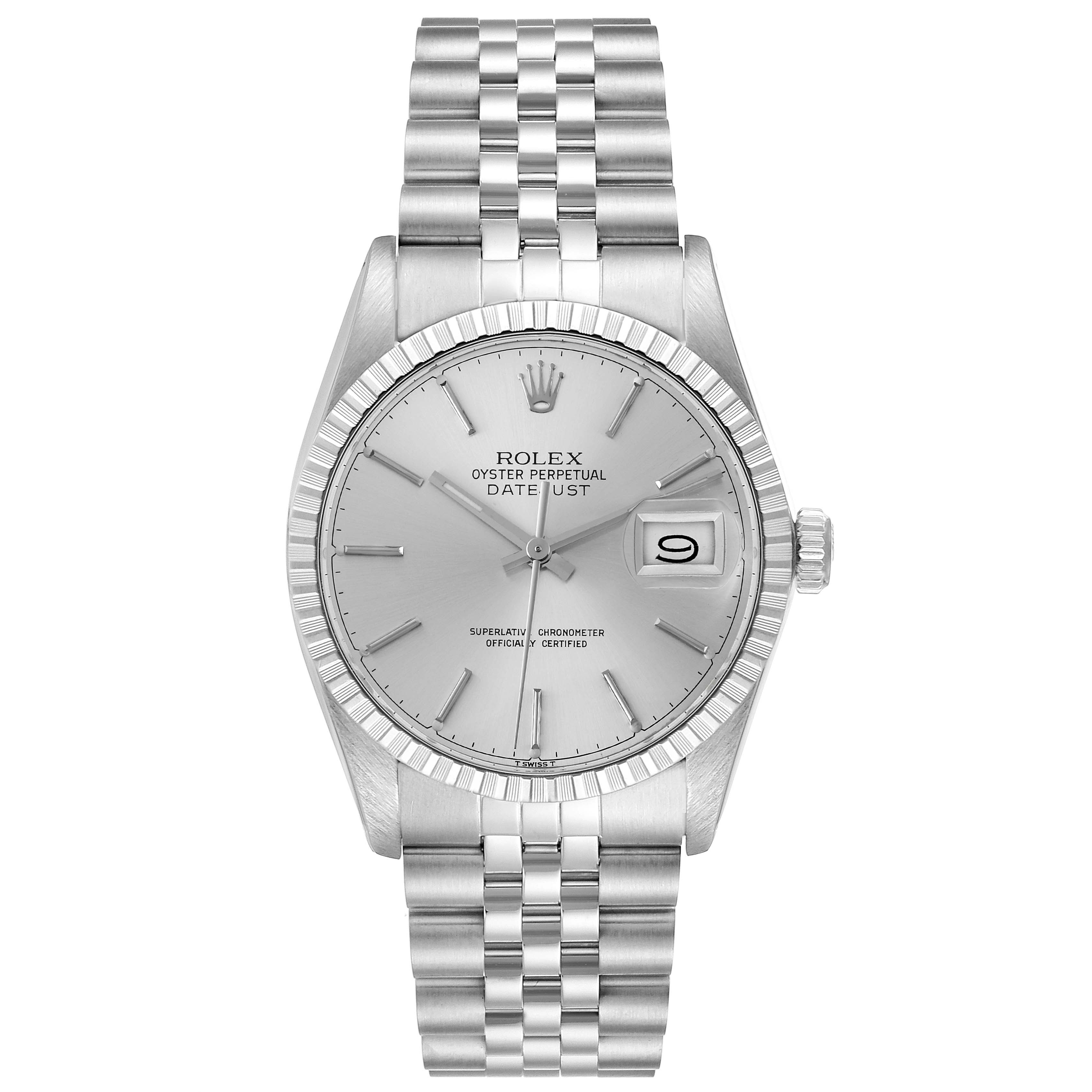 This vintage Rolex Datejust watch is shown from the front, displaying the dial, bracelet, and bezel.