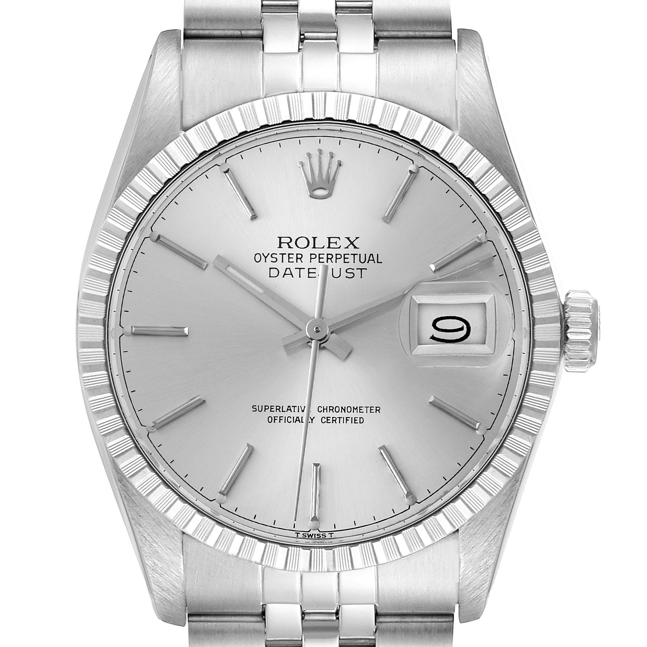 The Rolex Vintage Collection 16030 Men's Stainless Steel Silver Dial 16030 Men's Stainless Steel Silver Dial model is shown from a front angle, displaying the dial, hour markers, hands, date window, and part of the bracelet.