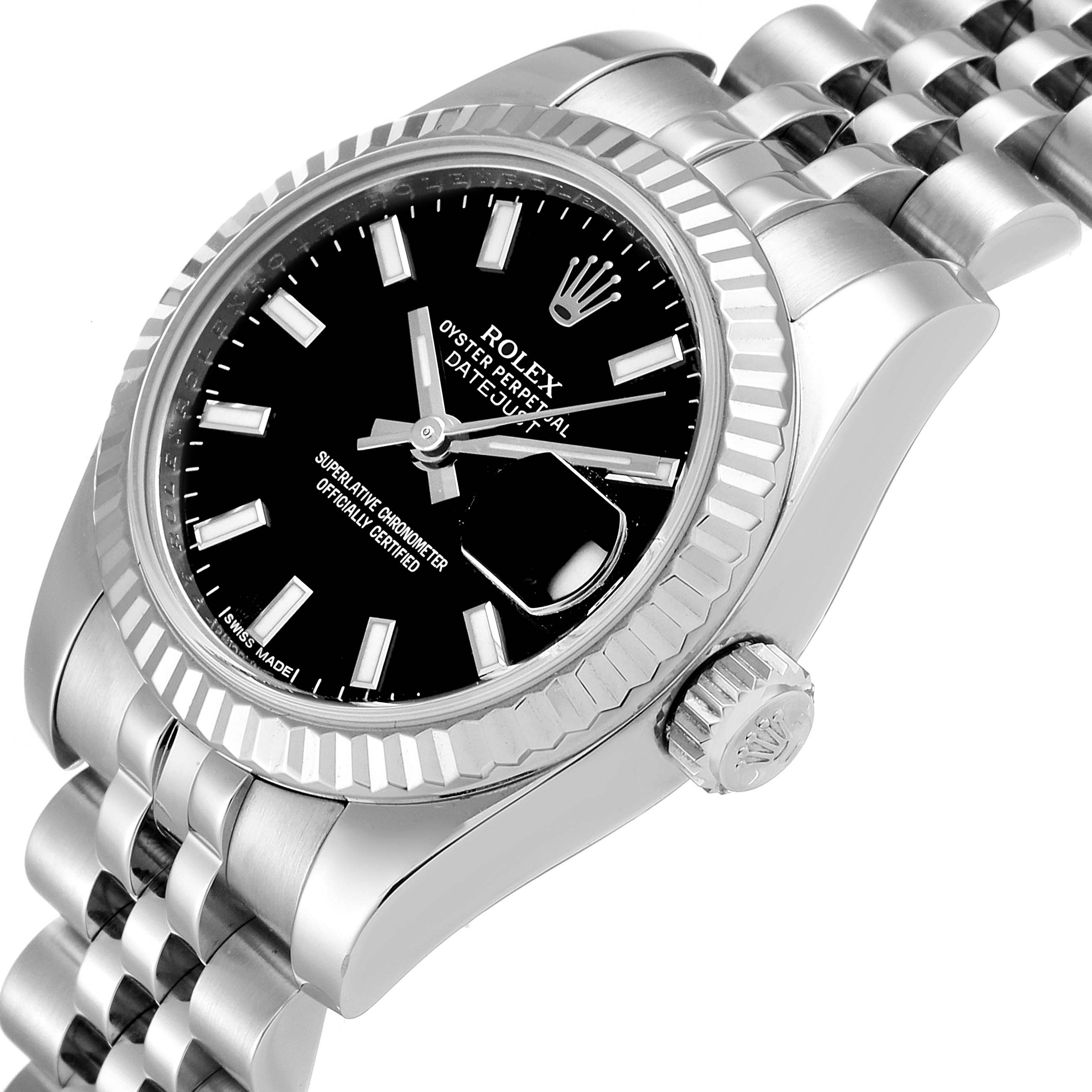 The Rolex Datejust 179174 Women's Stainless Steel Black Dial 179174 Women's Stainless Steel Black Dial watch is shown at an angle highlighting the bezel, crown, dial, and part of the bracelet.