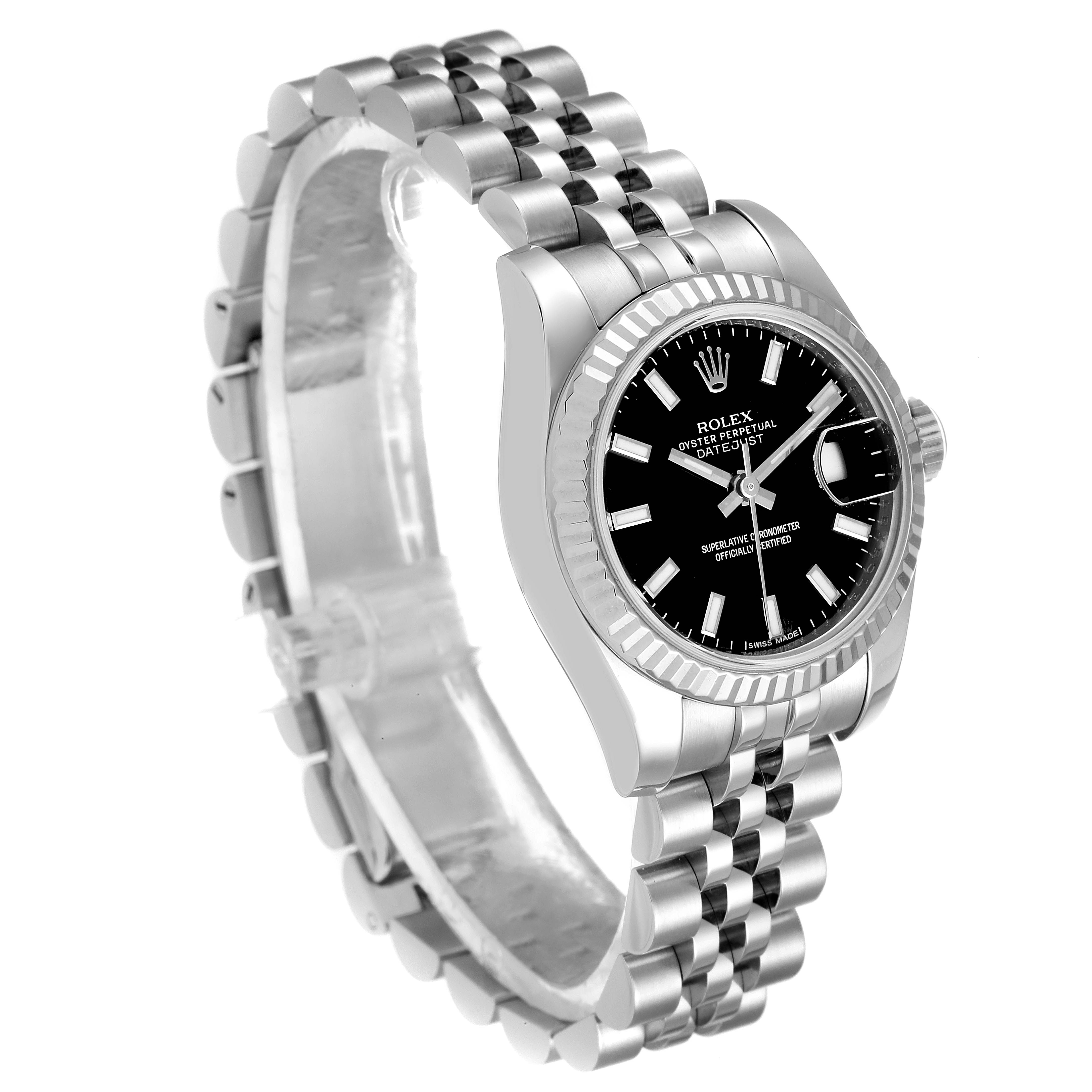 The image shows a Rolex Datejust 179174 Women's Stainless Steel Black Dial 179174 Women's Stainless Steel Black Dial watch angled to display the black dial, silver hour markers, and the bracelet.