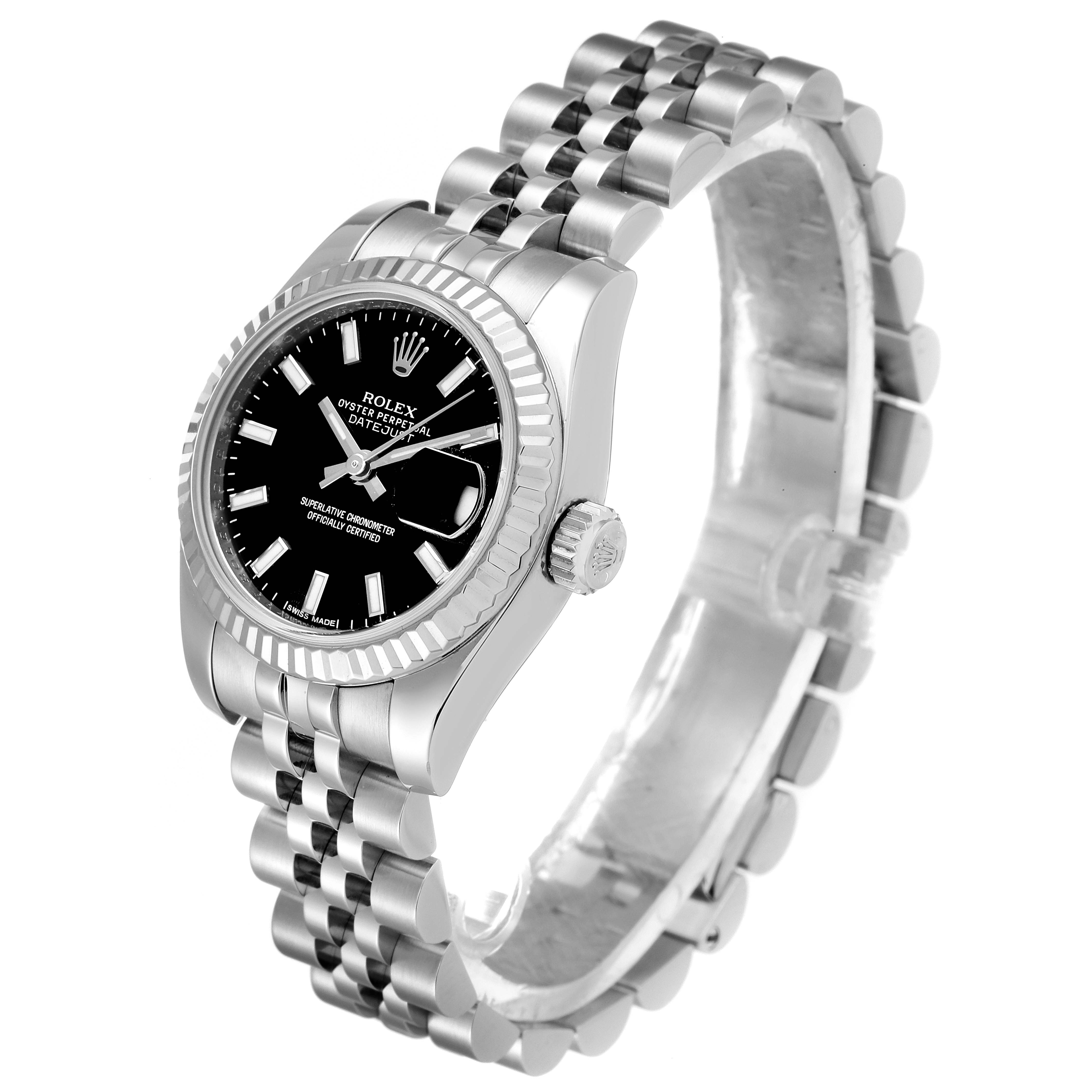 The image shows a Rolex Datejust 179174 Women's Stainless Steel Black Dial 179174 Women's Stainless Steel Black Dial watch from a front-left angle, highlighting the dial, bezel, and bracelet.