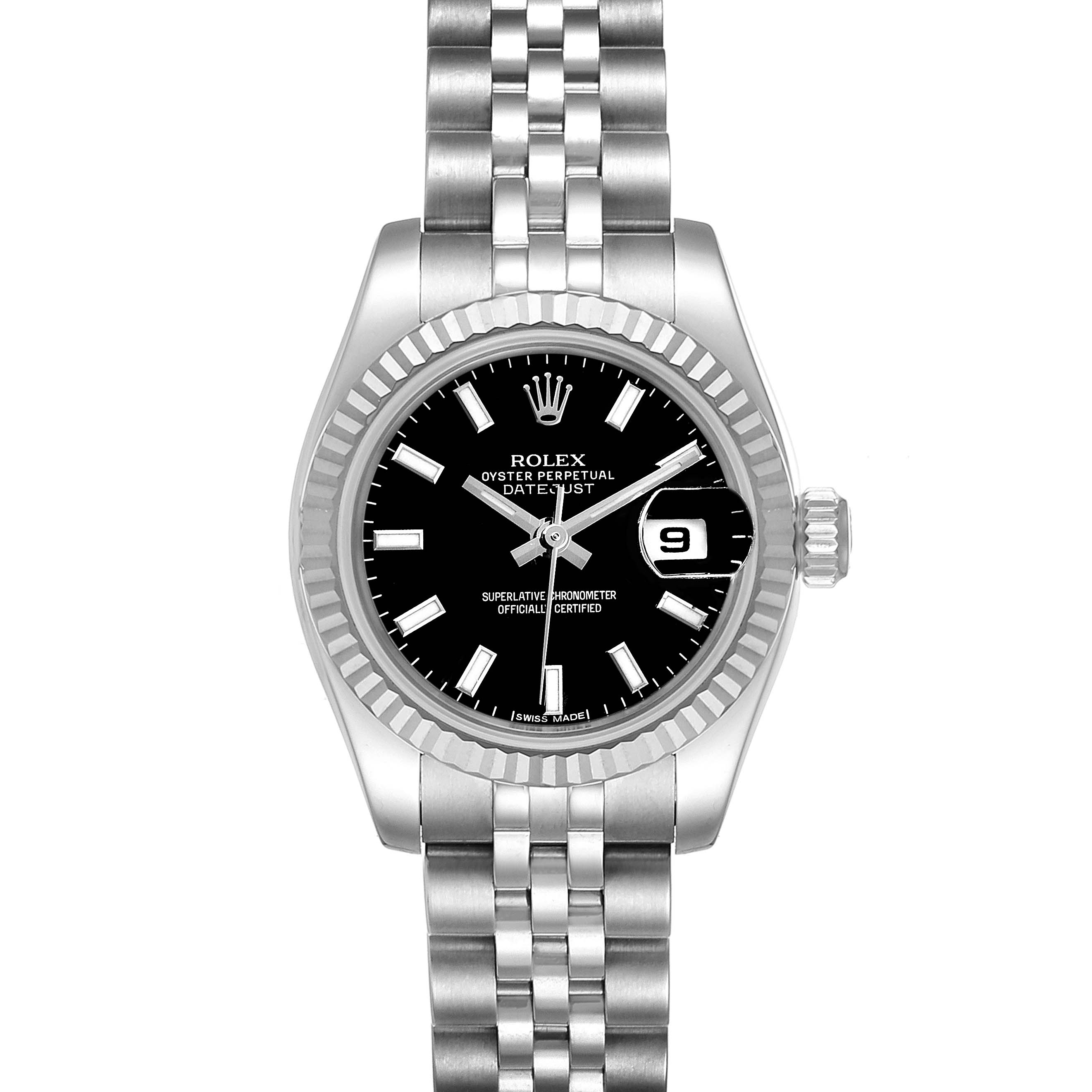 The Rolex Datejust 179174 Women's Stainless Steel Black Dial 179174 Women's Stainless Steel Black Dial watch is shown from a top-down angle, featuring its black dial, fluted bezel, and jubilee bracelet.