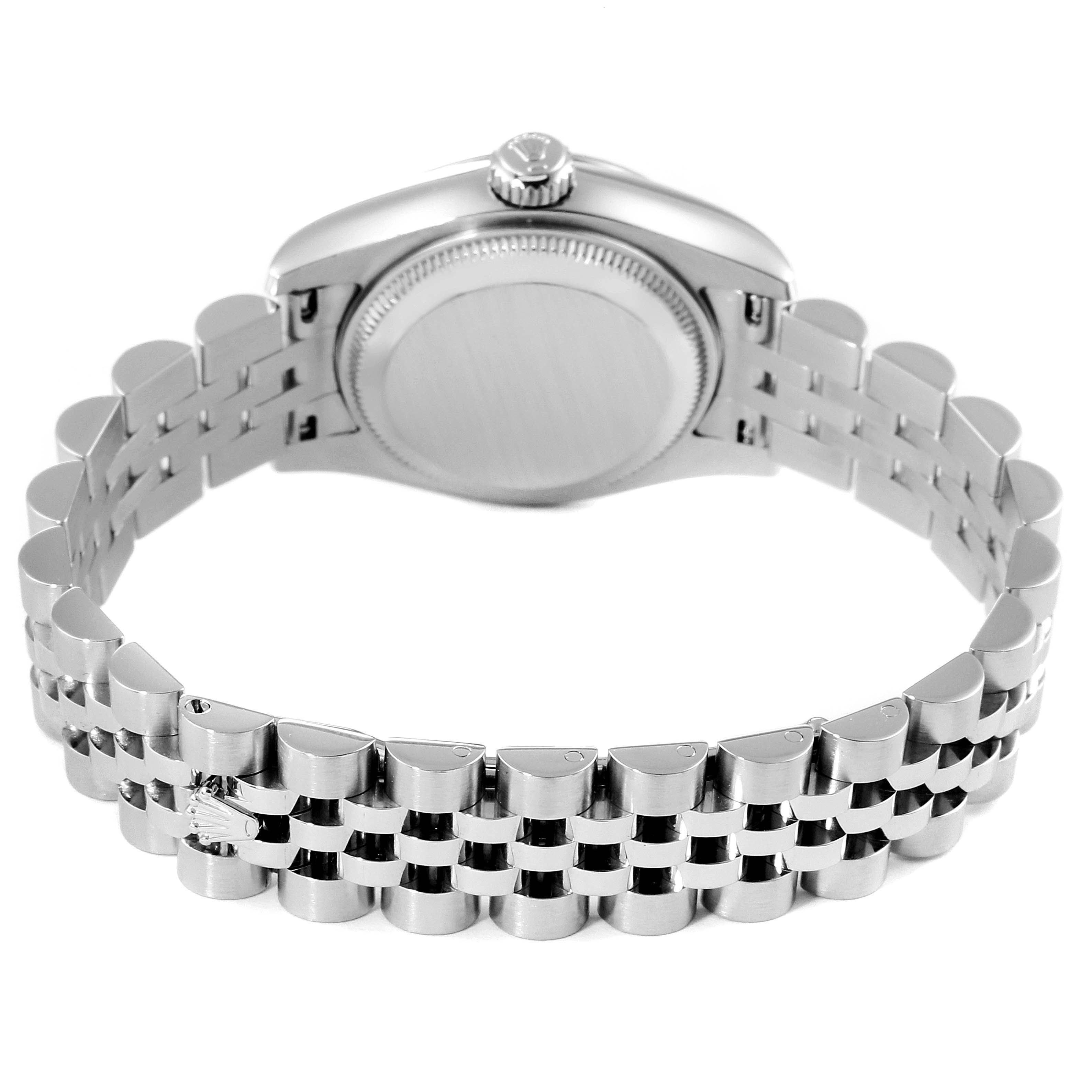 This image shows the back of the Rolex Datejust 179174 Women's Stainless Steel Black Dial 179174 Women's Stainless Steel Black Dial watch, highlighting its case back and Jubilee bracelet.