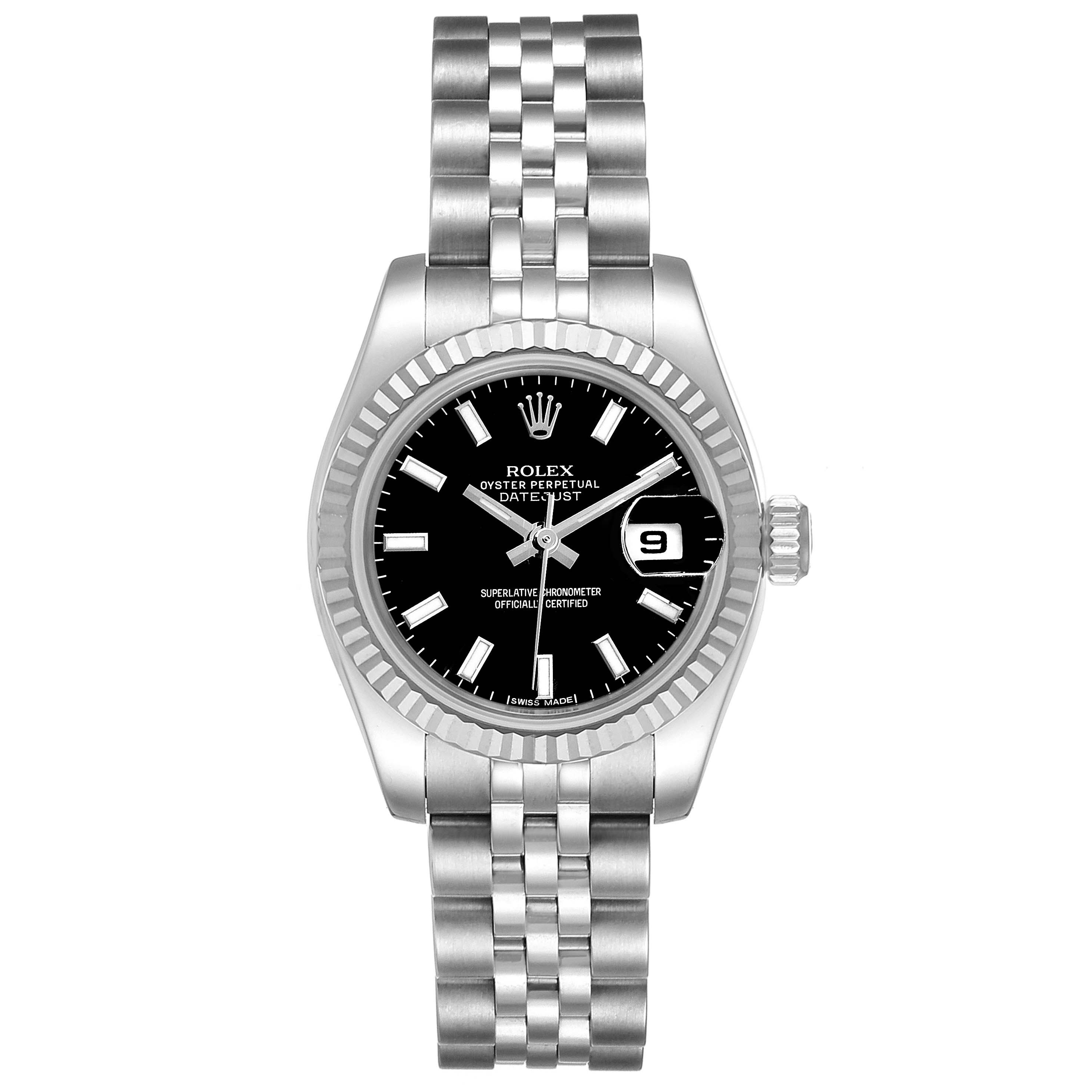 The image shows a front view of a Rolex Datejust 179174 Women's Stainless Steel Black Dial 179174 Women's Stainless Steel Black Dial watch, displaying the dial, bezel, case, and bracelet.