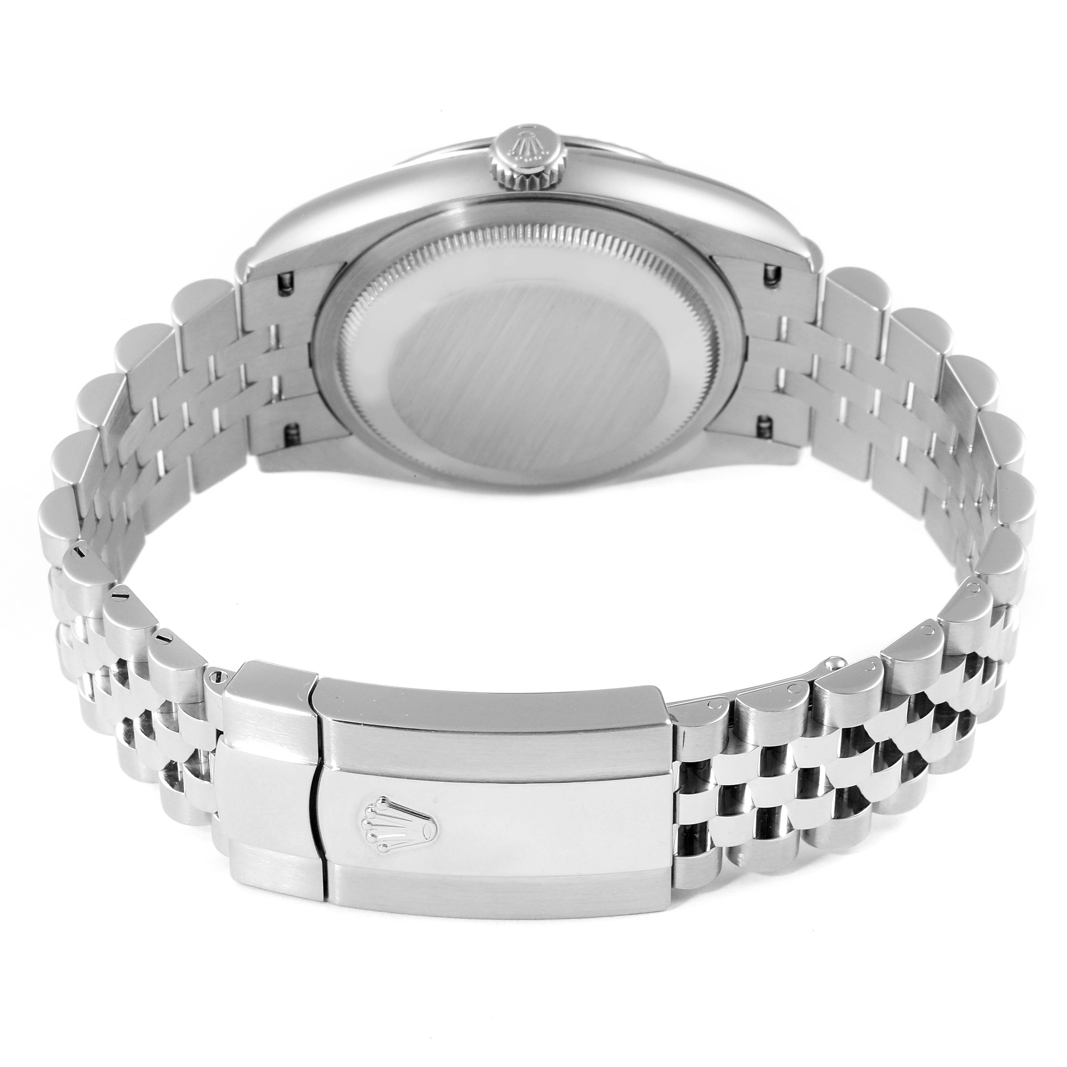 This image shows the back view of a Rolex Datejust 126234 Men
s Stainless Steel Black Dial 126234 Men
s Stainless Steel Black Dial model watch, highlighting the case back and stainless steel bracelet with clasp.