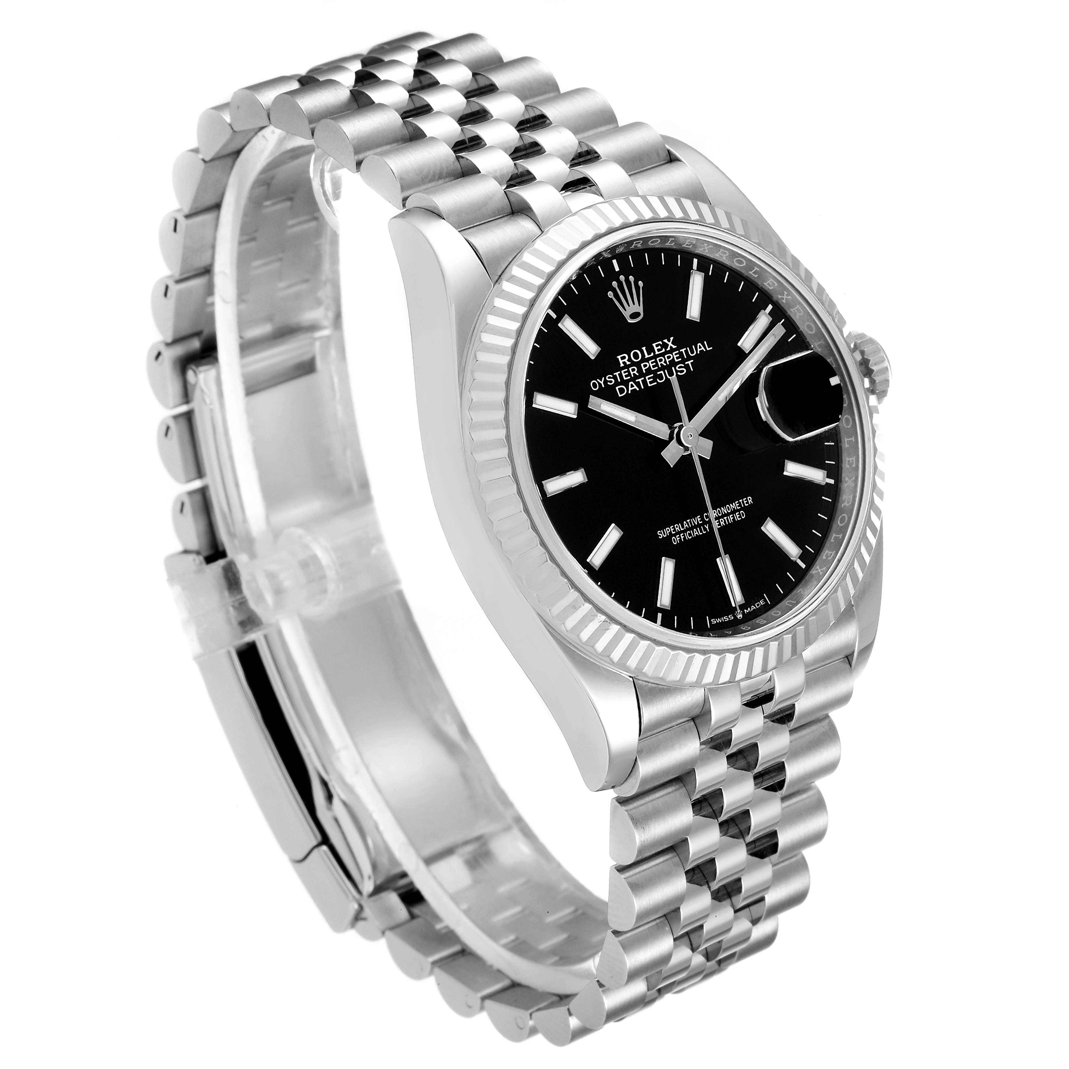 The image shows a Rolex Datejust 126234 Men
s Stainless Steel Black Dial 126234 Men
s Stainless Steel Black Dial watch angled slightly to the left, highlighting its jubilee bracelet and black dial.