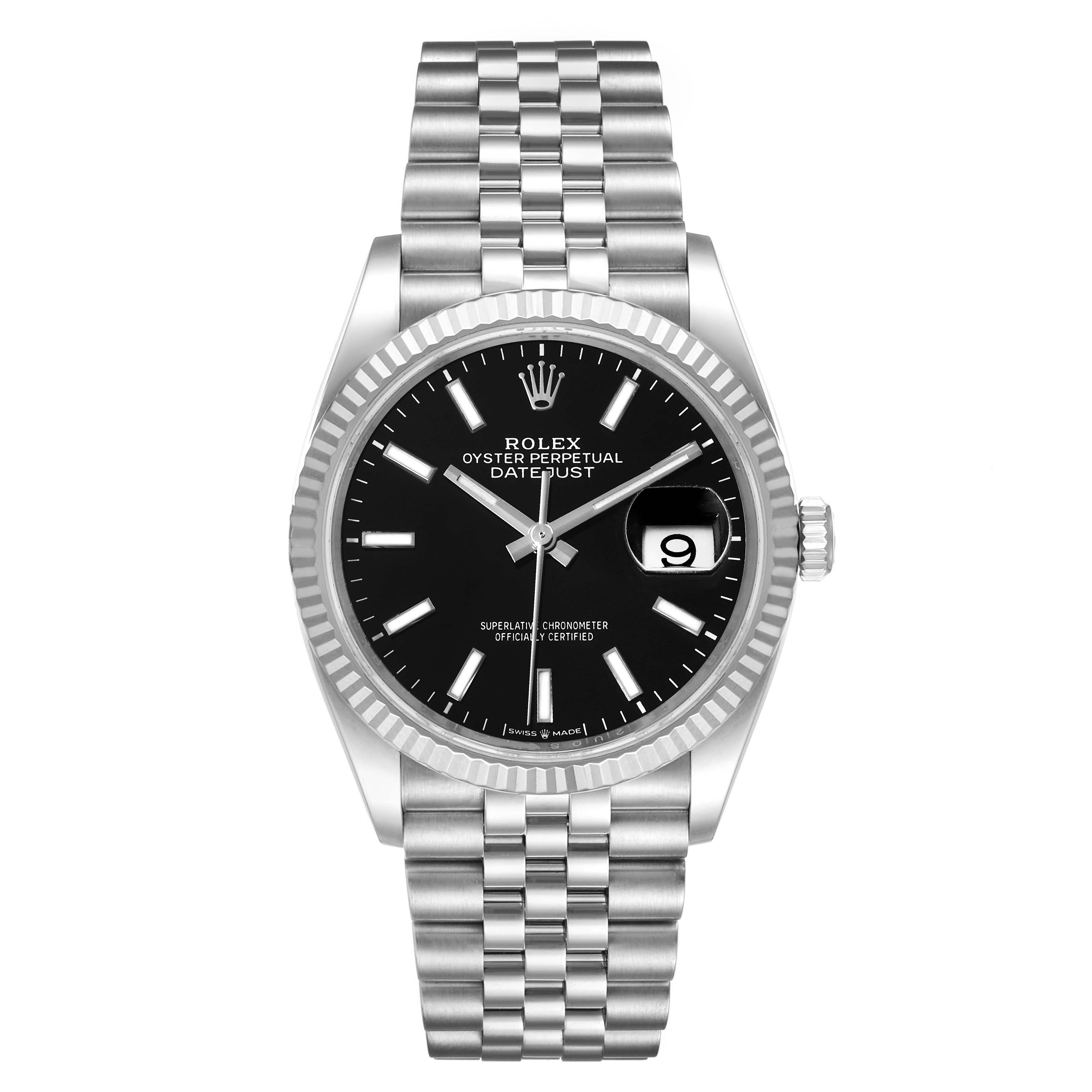 This is a front view of a Rolex Datejust 126234 Men
s Stainless Steel Black Dial 126234 Men
s Stainless Steel Black Dial watch, showcasing the dial, bezel, crown, and Jubilee bracelet.